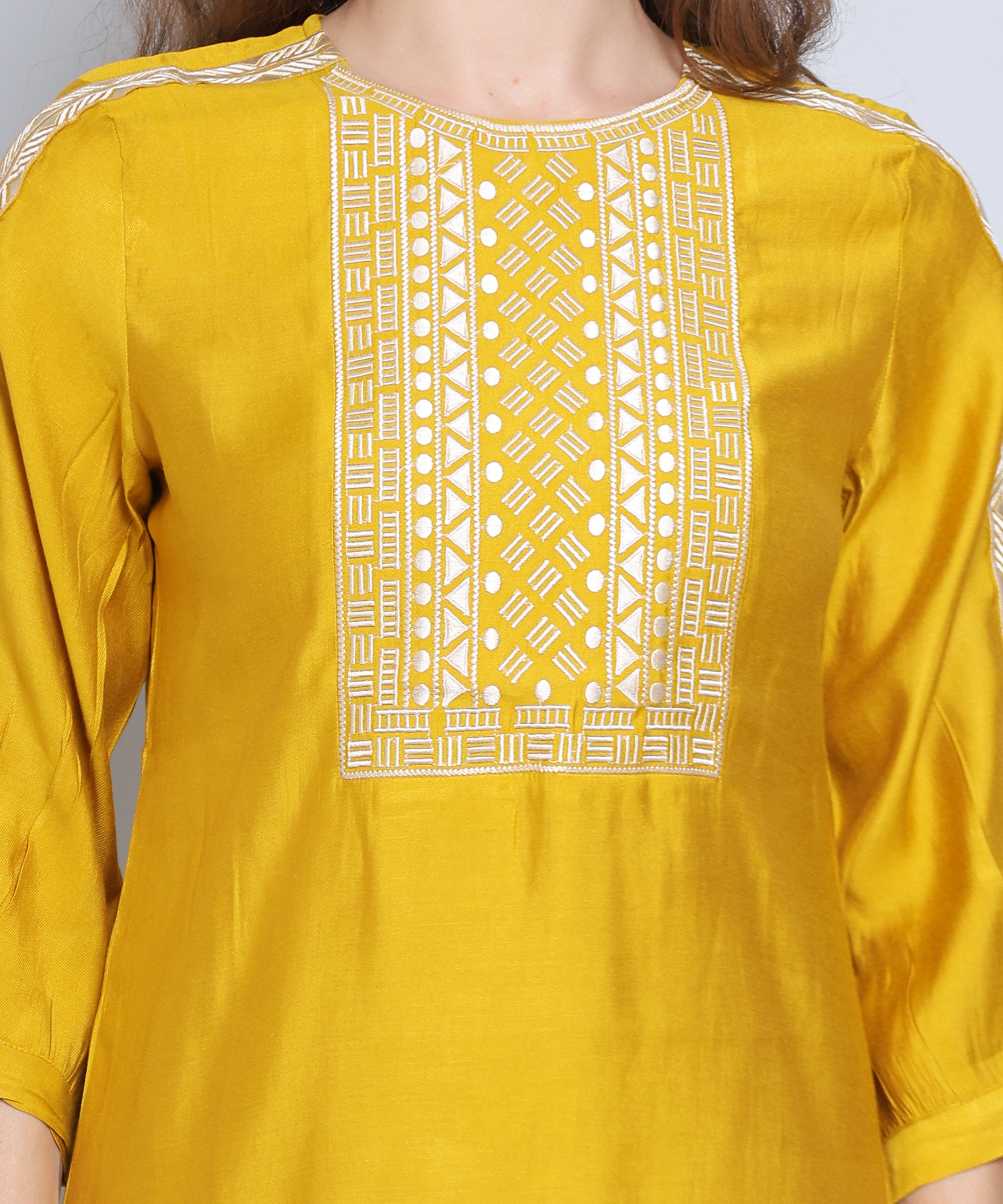 Yellow co ord set with Embroidery in Rayon Cotton