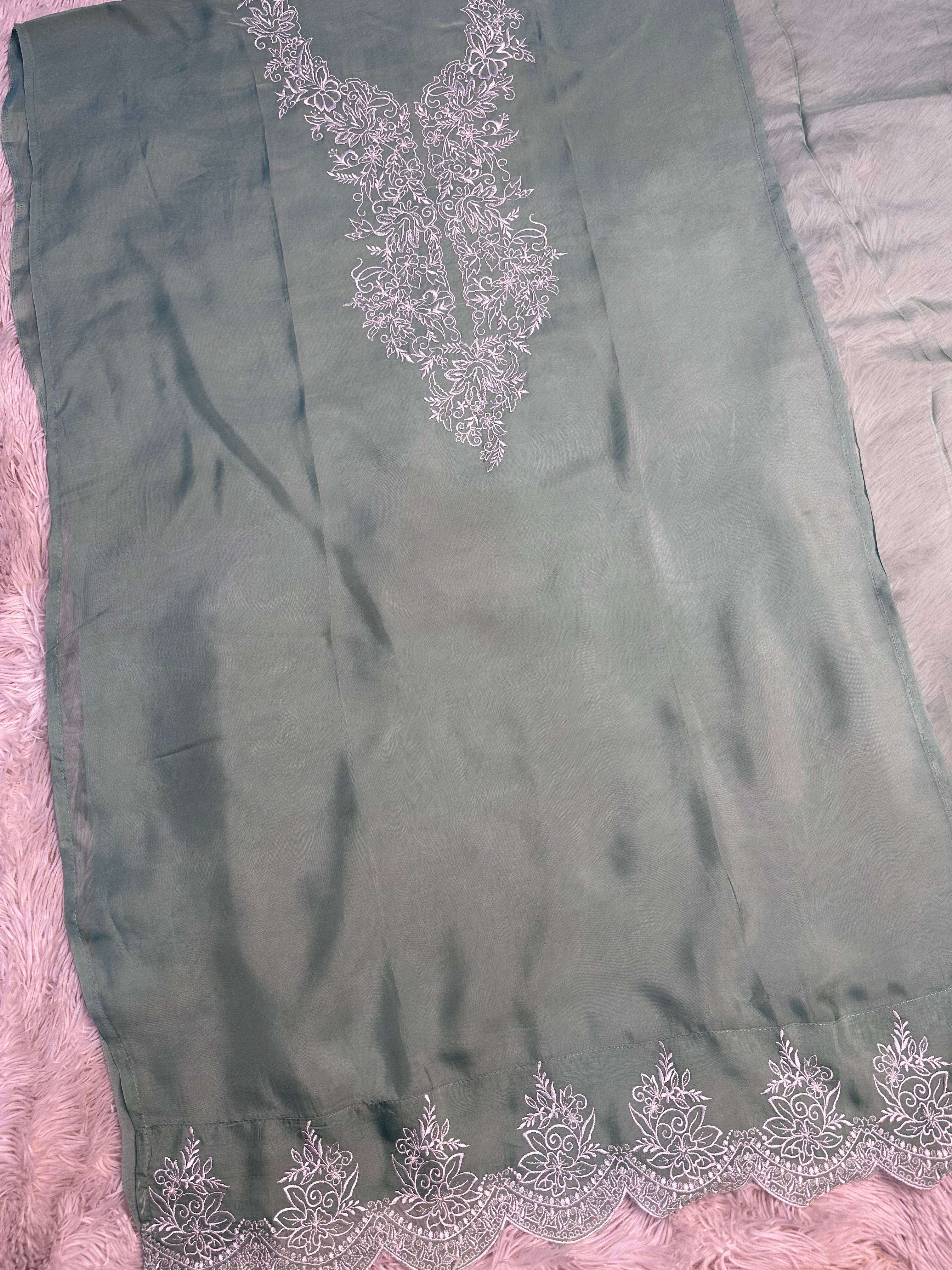 GREEN PAKISTANI UNSTITCHED SUIT IN ORGANZA FABRIC
