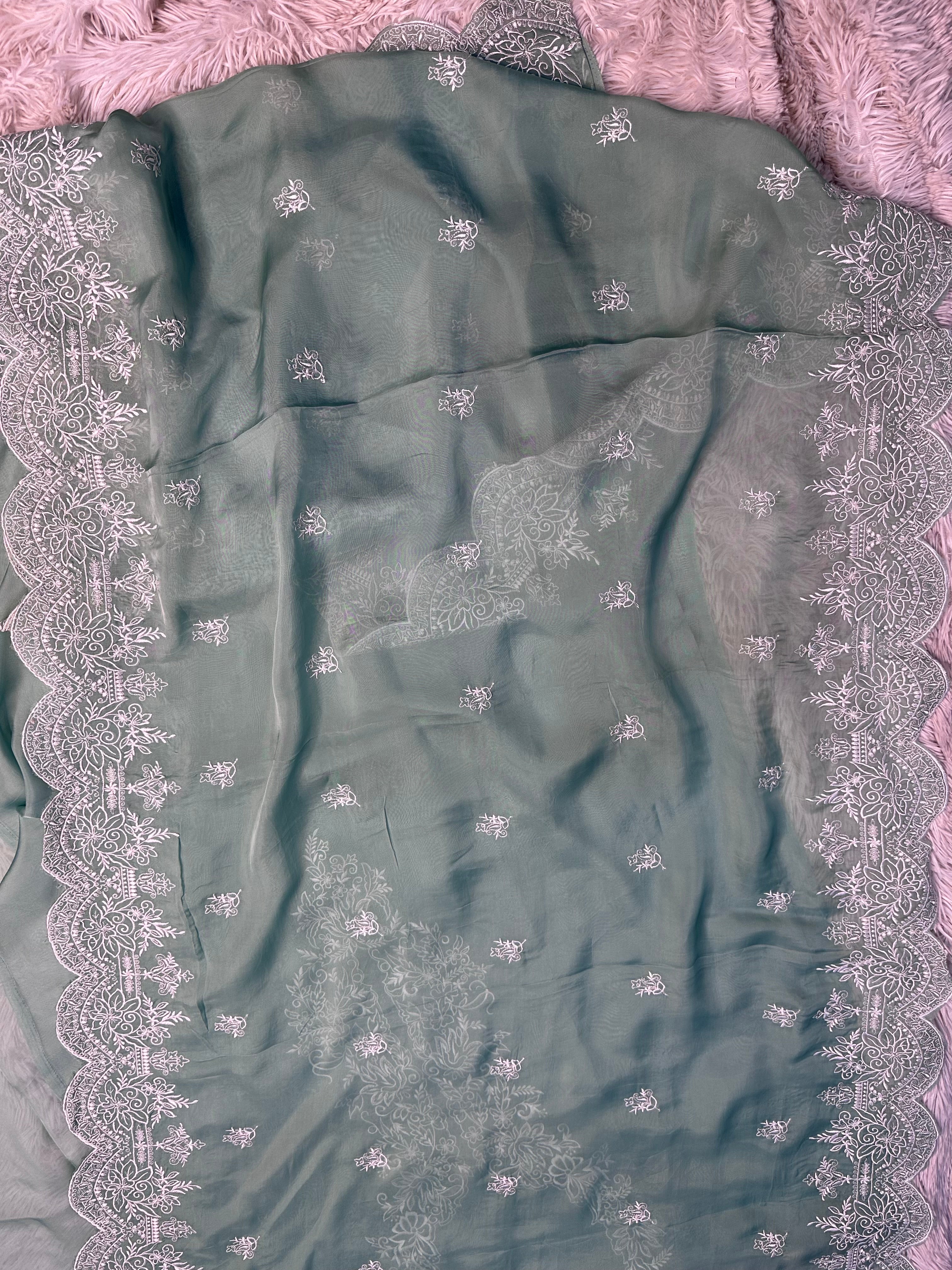 GREEN PAKISTANI UNSTITCHED SUIT IN ORGANZA FABRIC