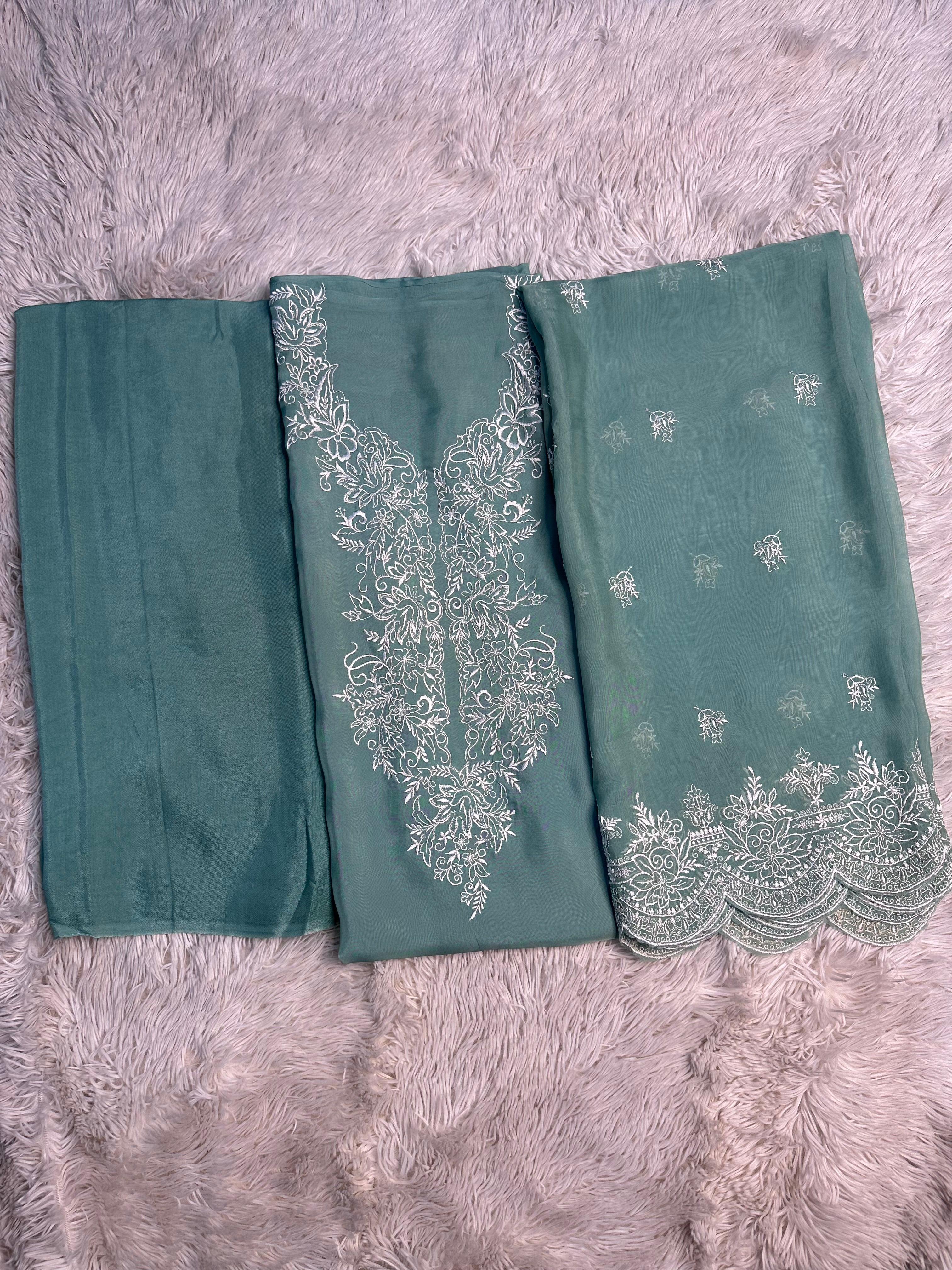 GREEN PAKISTANI UNSTITCHED SUIT IN ORGANZA FABRIC
