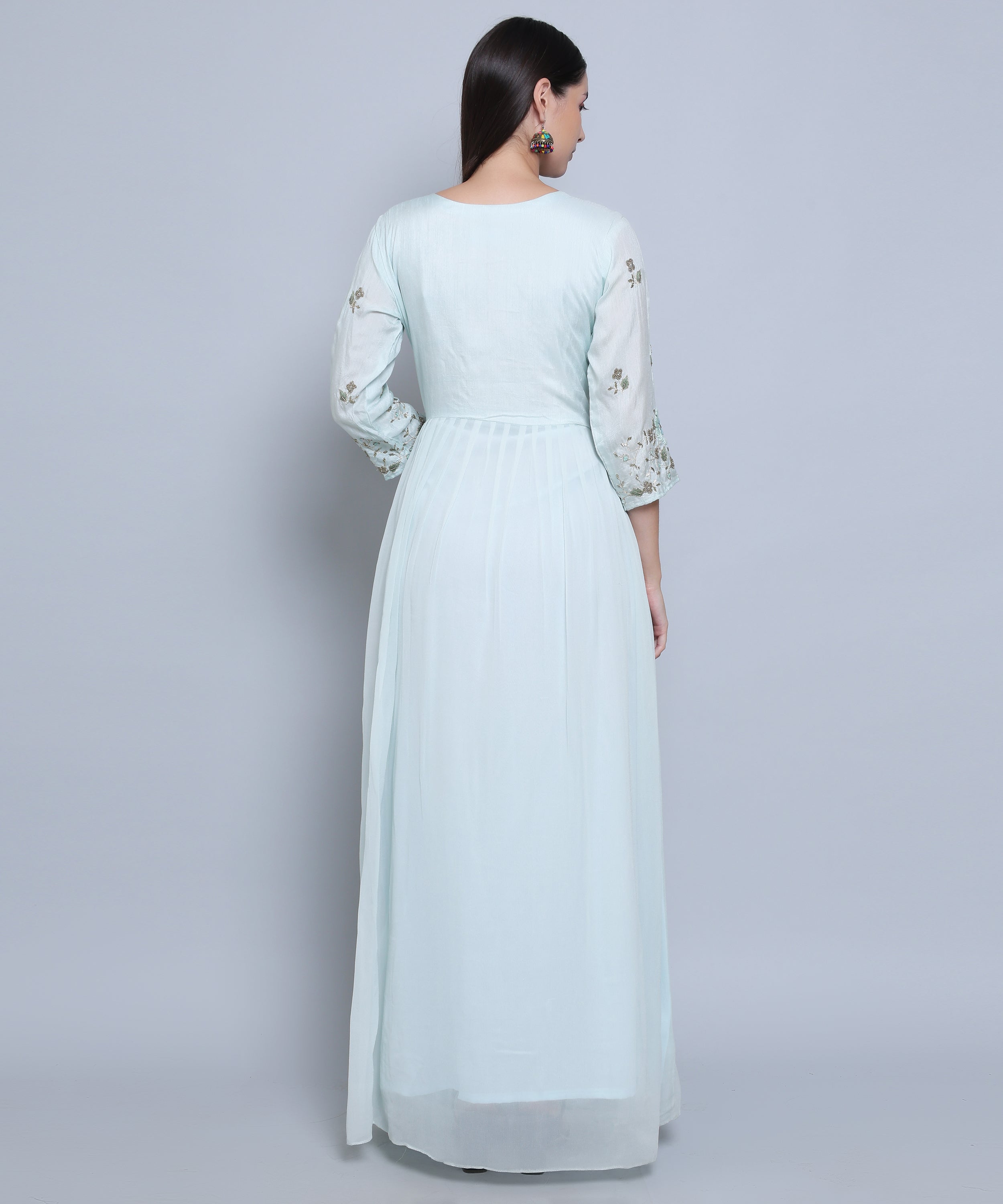 Light Blue Drape set with Skirt in Chinon Fabric with Hand Embroidery