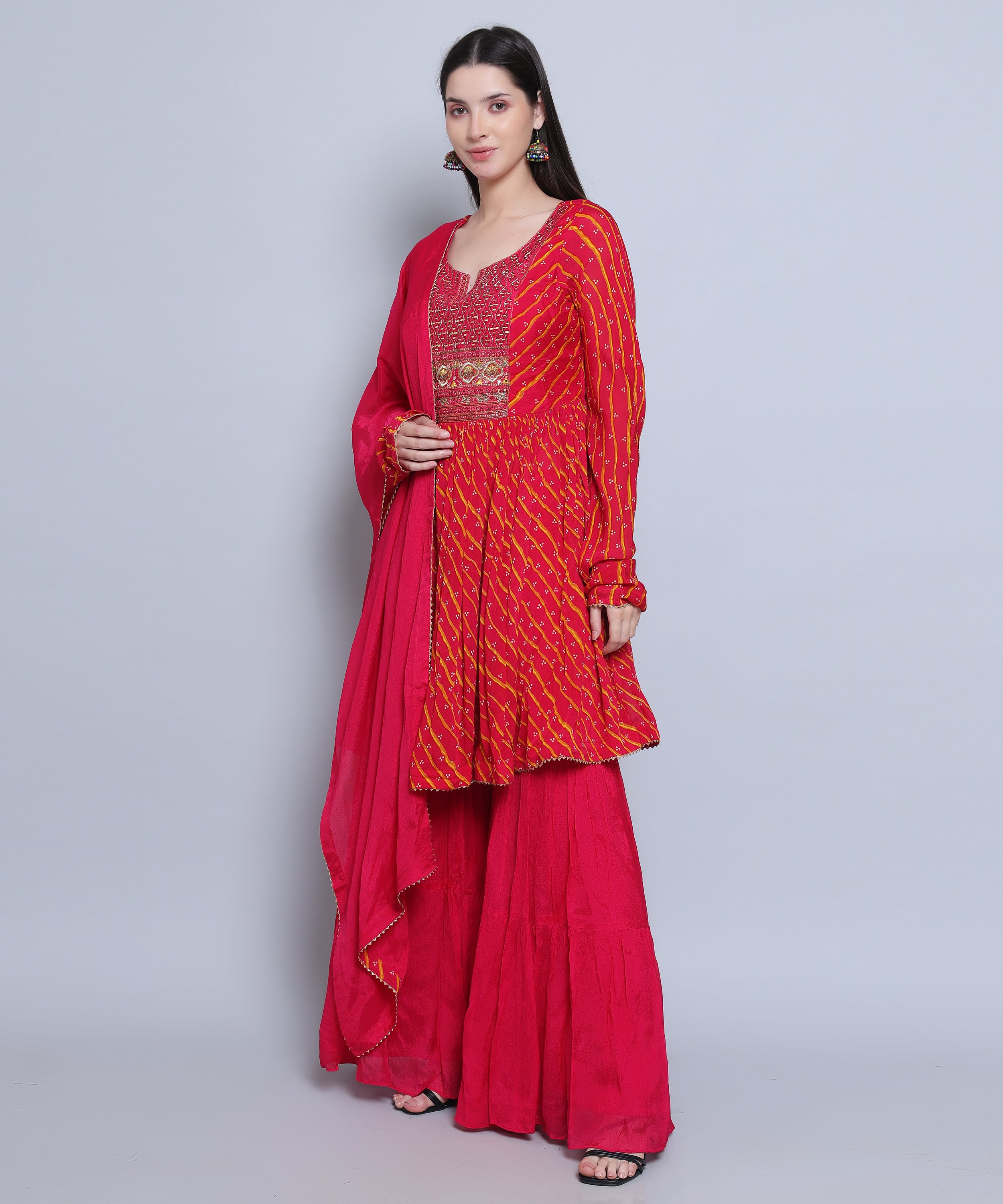 Fushia Pink Suit with Sharara in Chinon Fabric with Embroidery