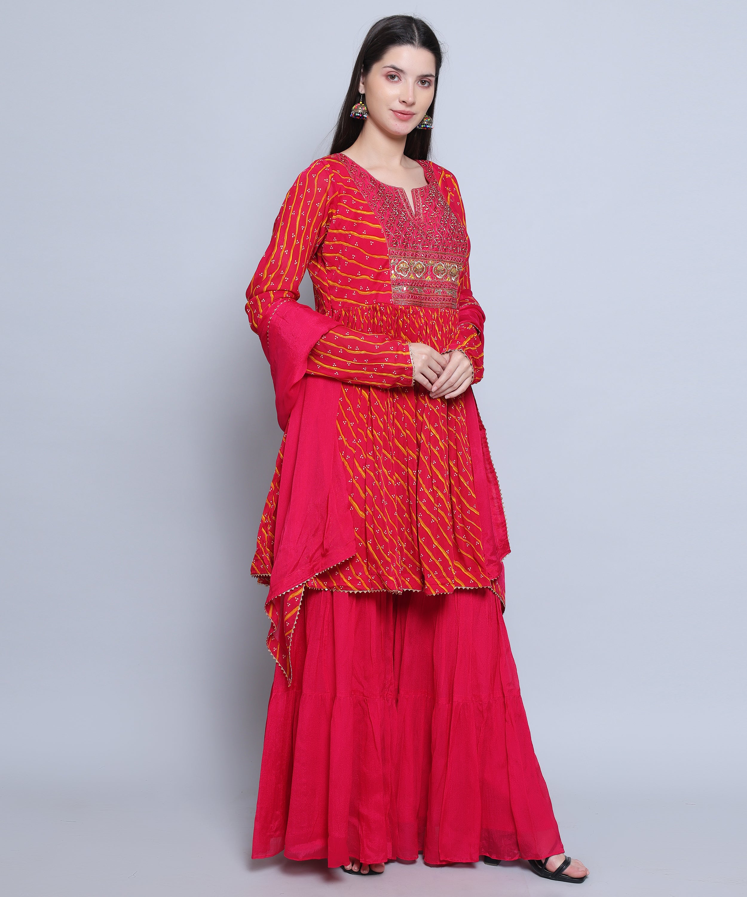 Fushia Pink Suit with Sharara in Chinon Fabric with Embroidery