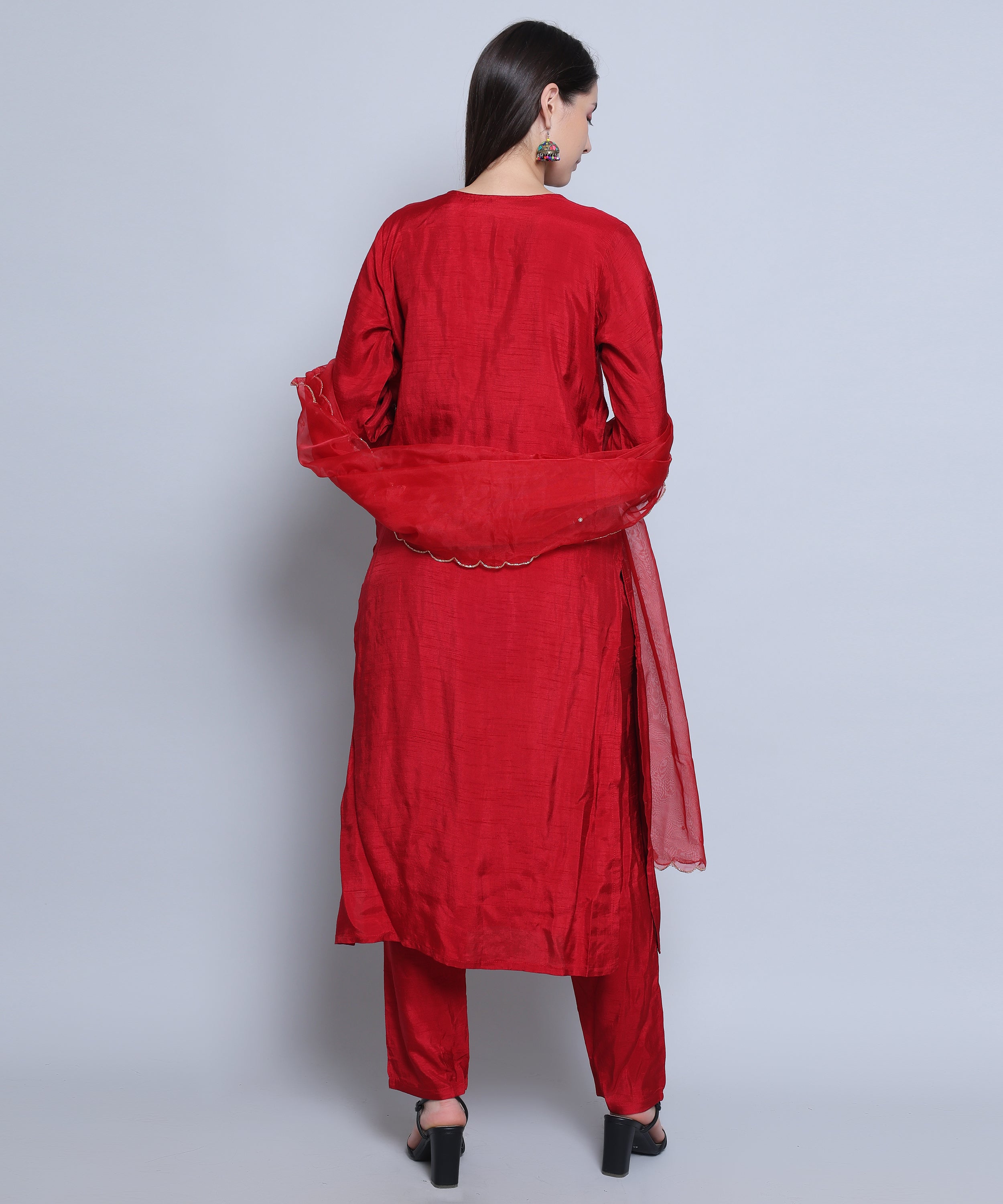 Red Suit with Pants in Dola Silk with Hand Embroidery.