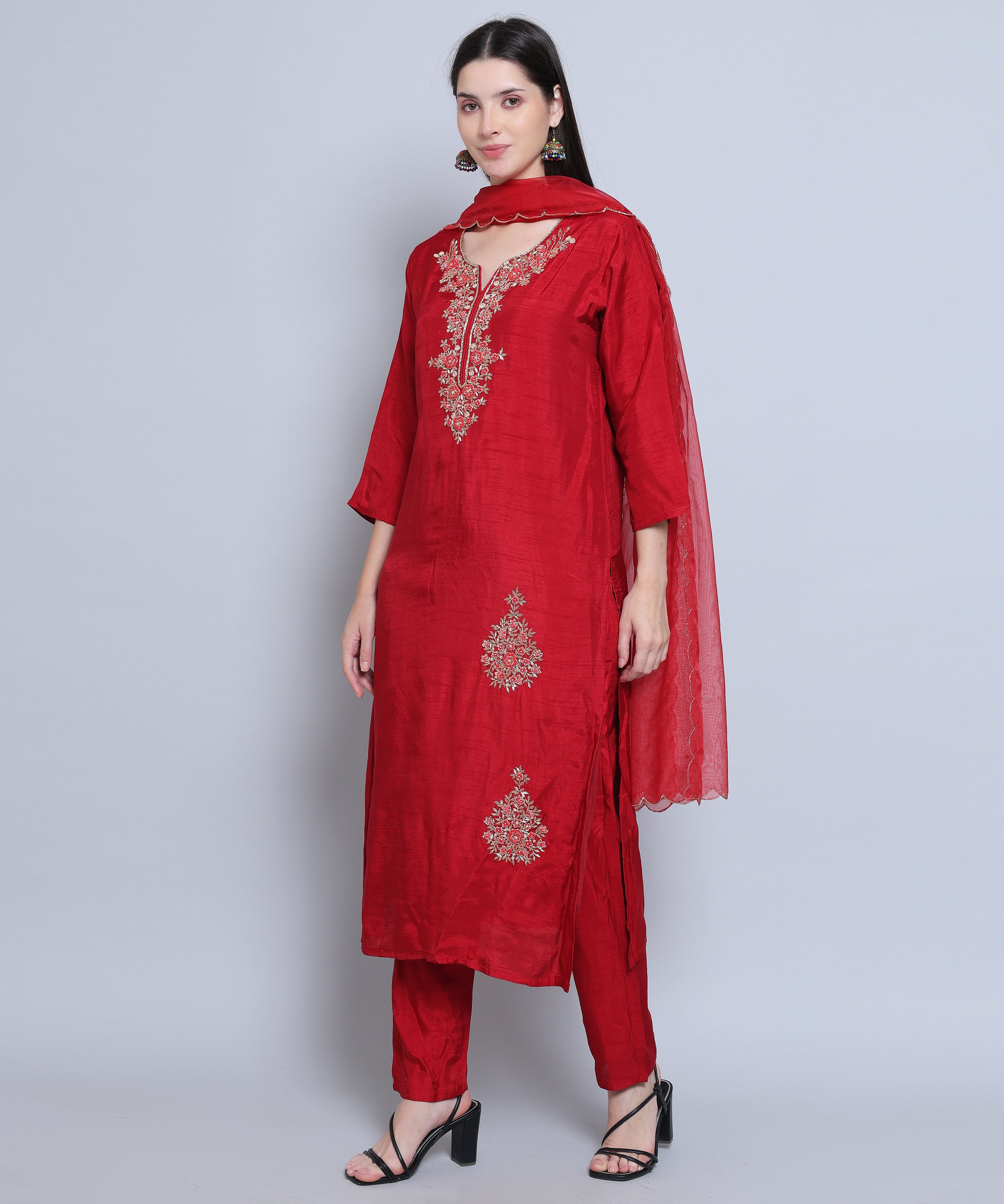 Red Suit with Pants in Dola Silk with Hand Embroidery.