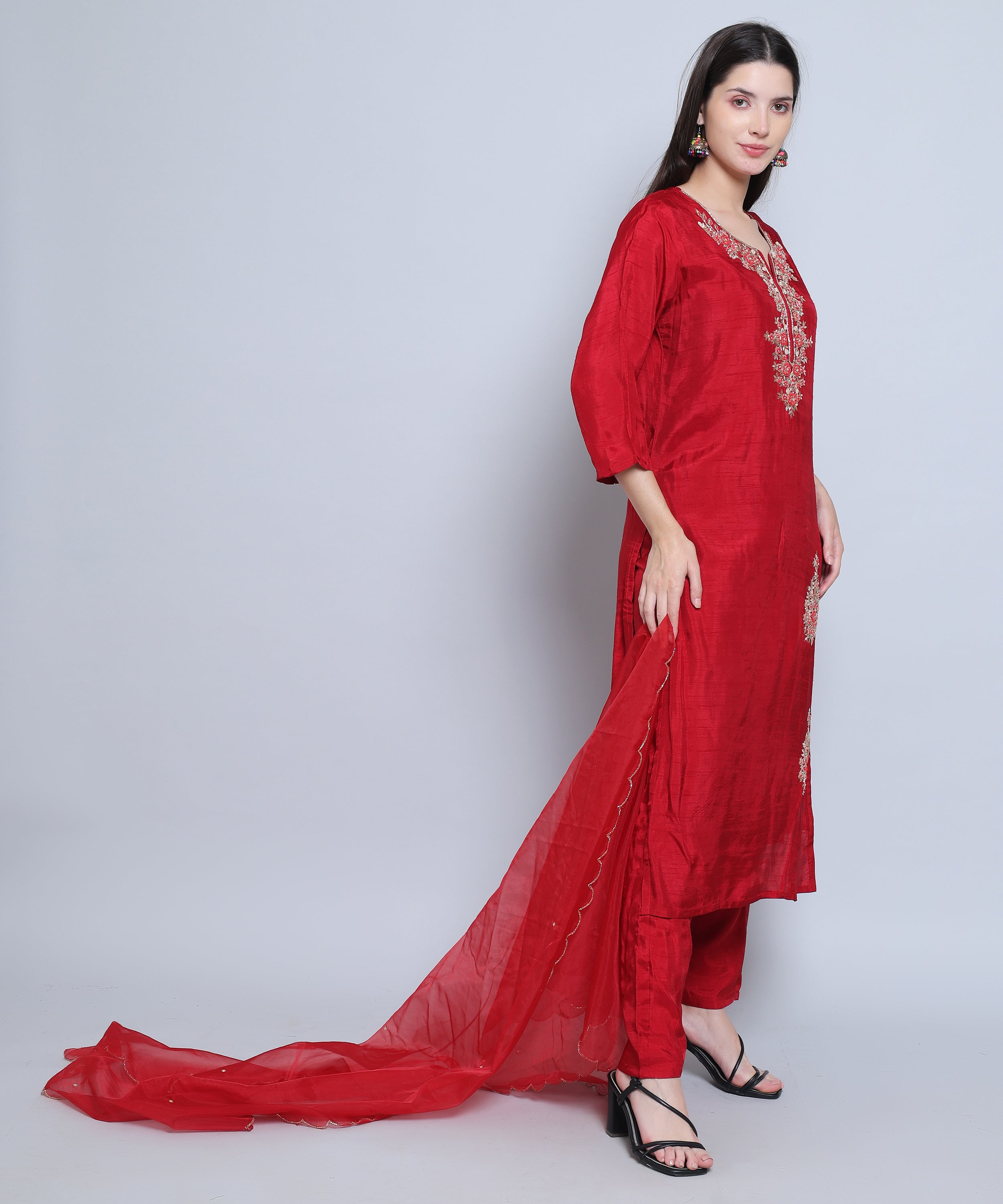 Red Suit with Pants in Dola Silk with Hand Embroidery.