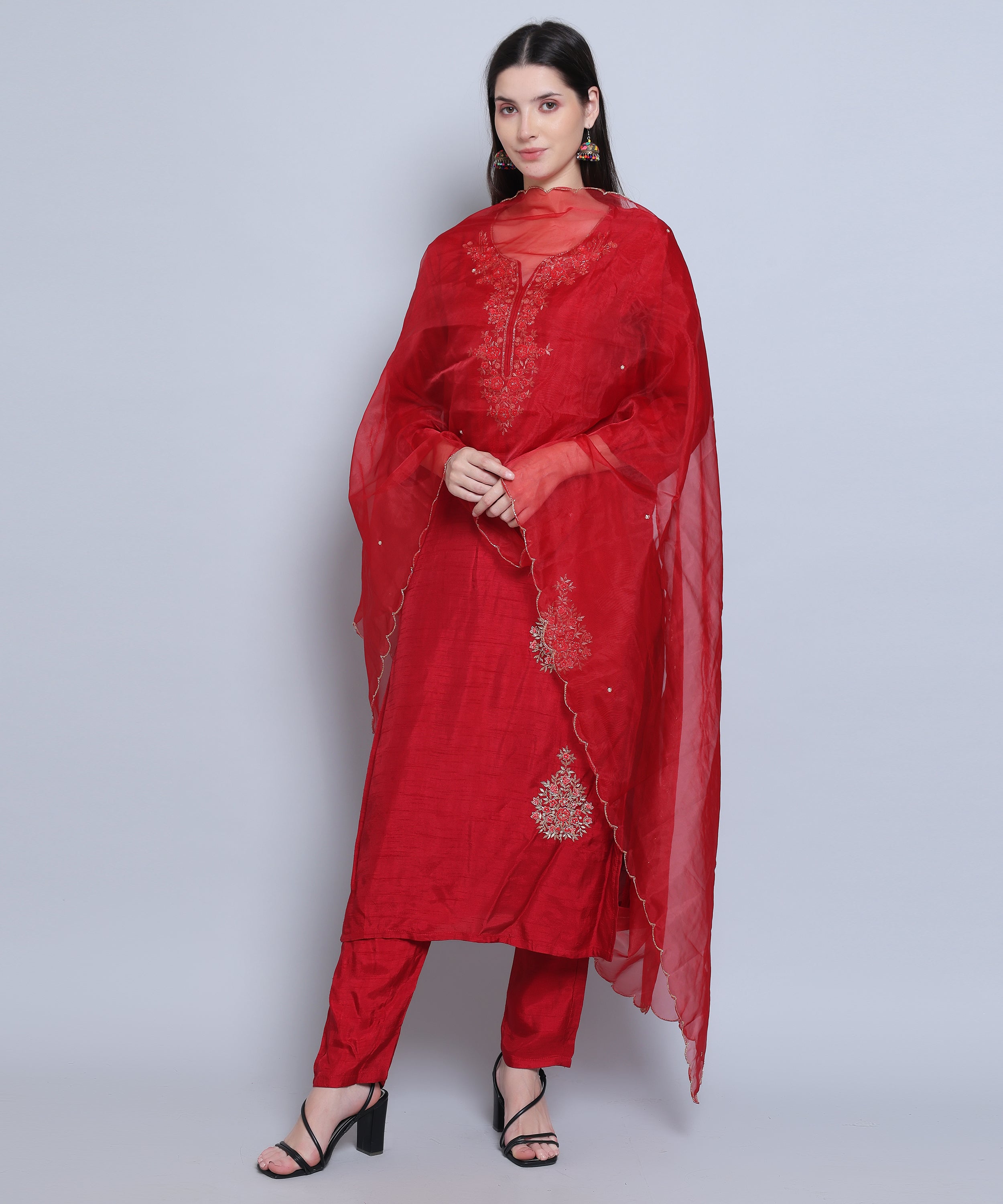 Red Suit with Pants in Dola Silk with Hand Embroidery.