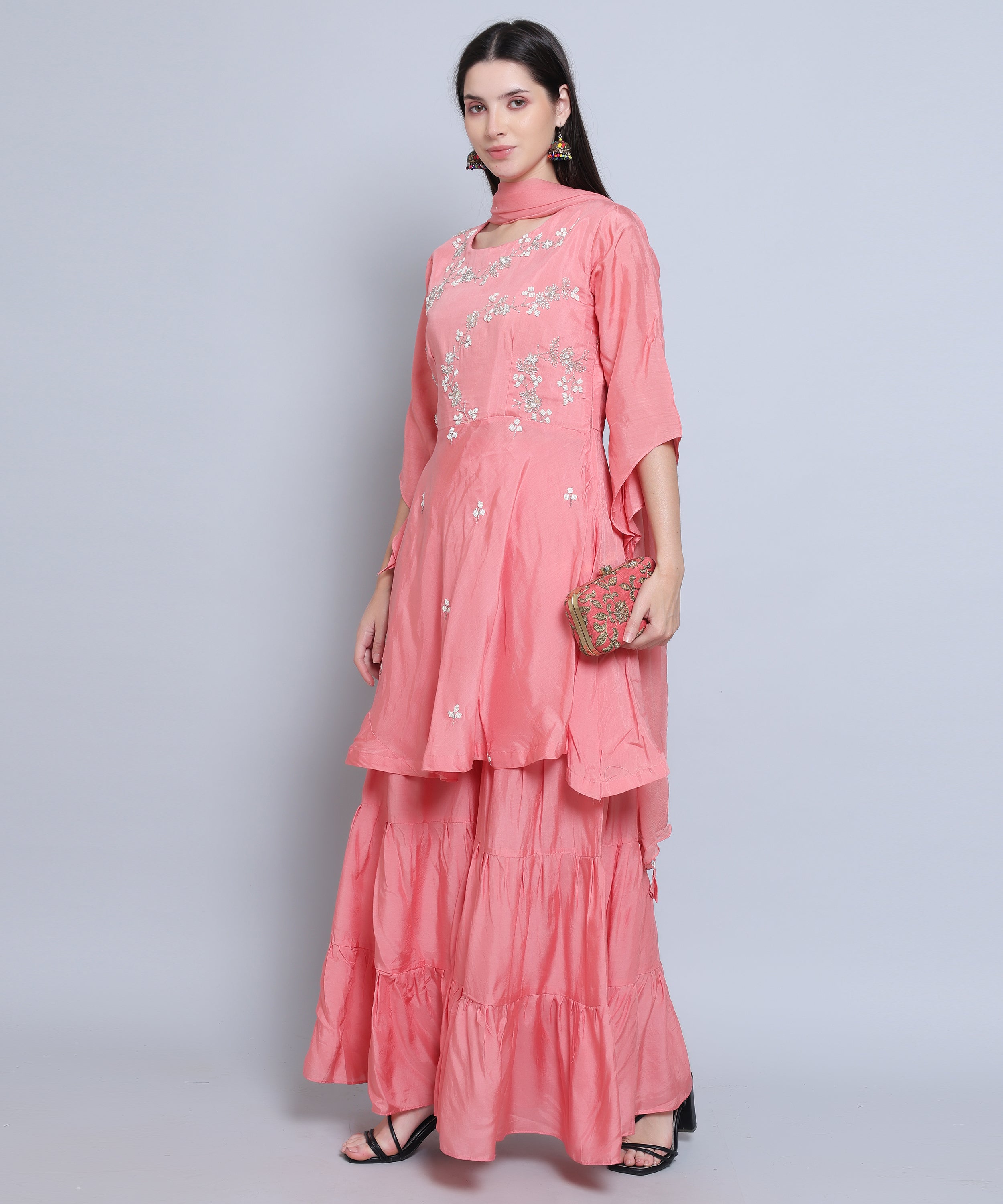 Pink Suit with Sharara in Muslin Silk with Hand Embroidery.