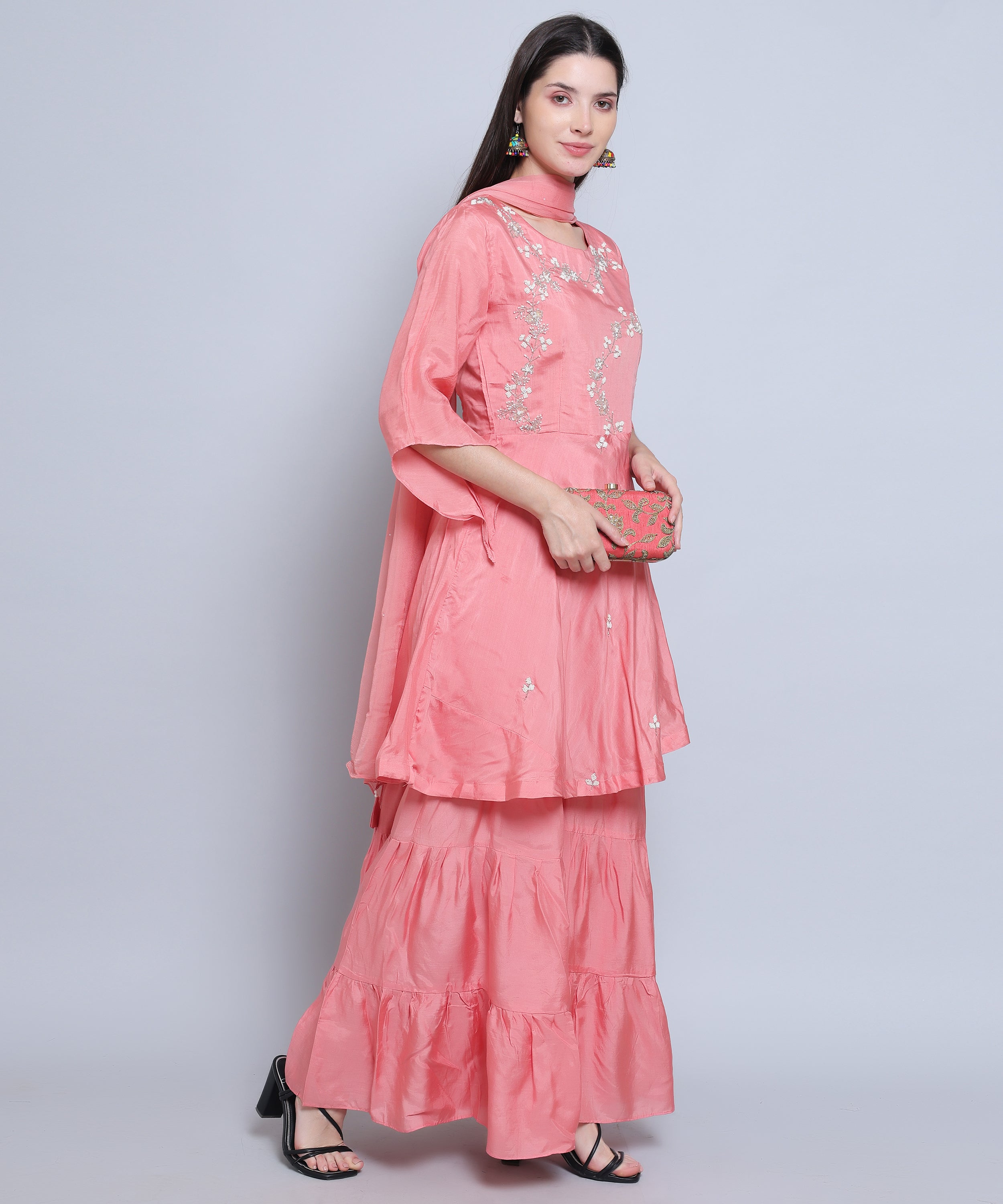 Pink Suit with Sharara in Muslin Silk with Hand Embroidery.