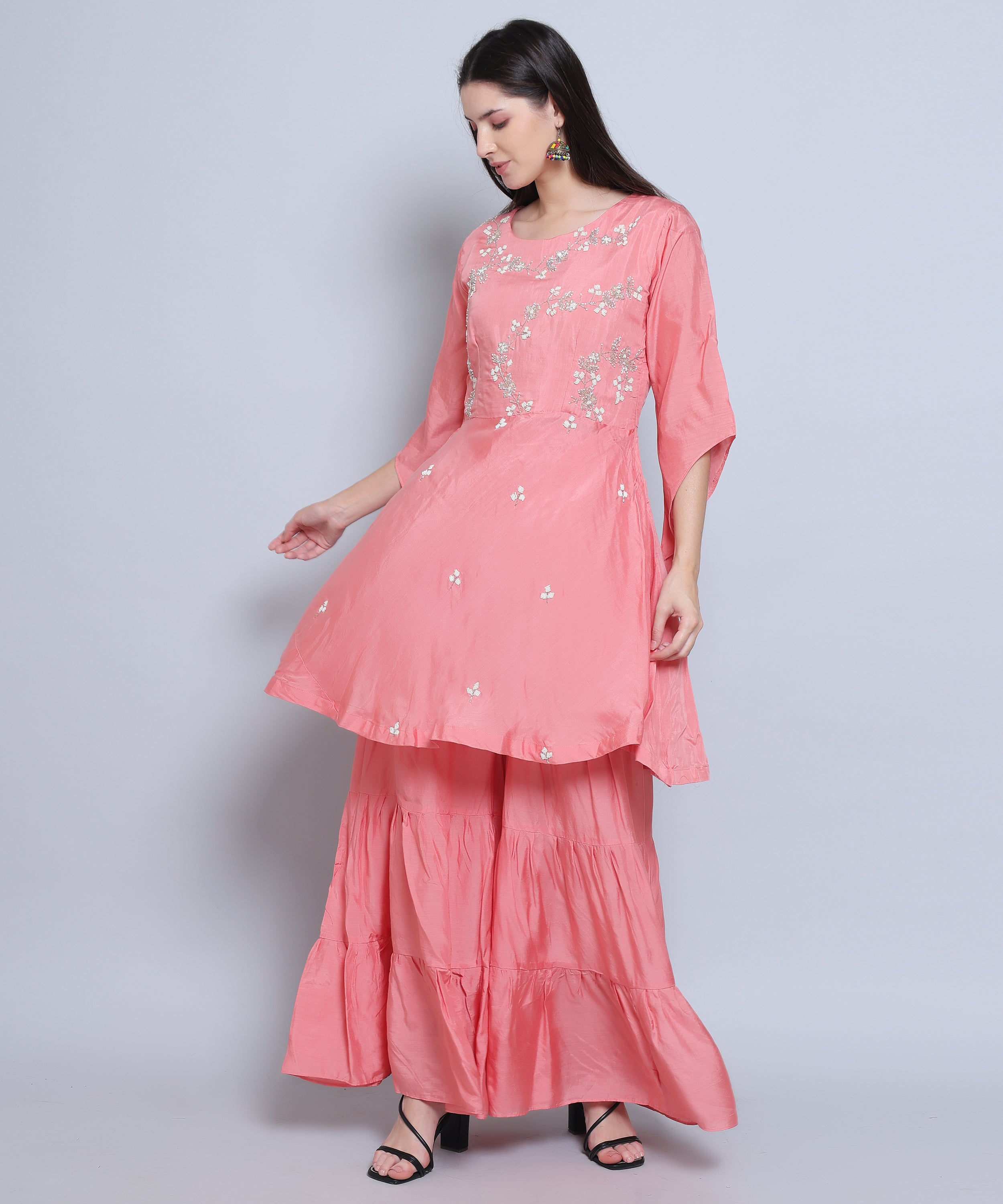 Pink Suit with Sharara in Muslin Silk with Hand Embroidery.