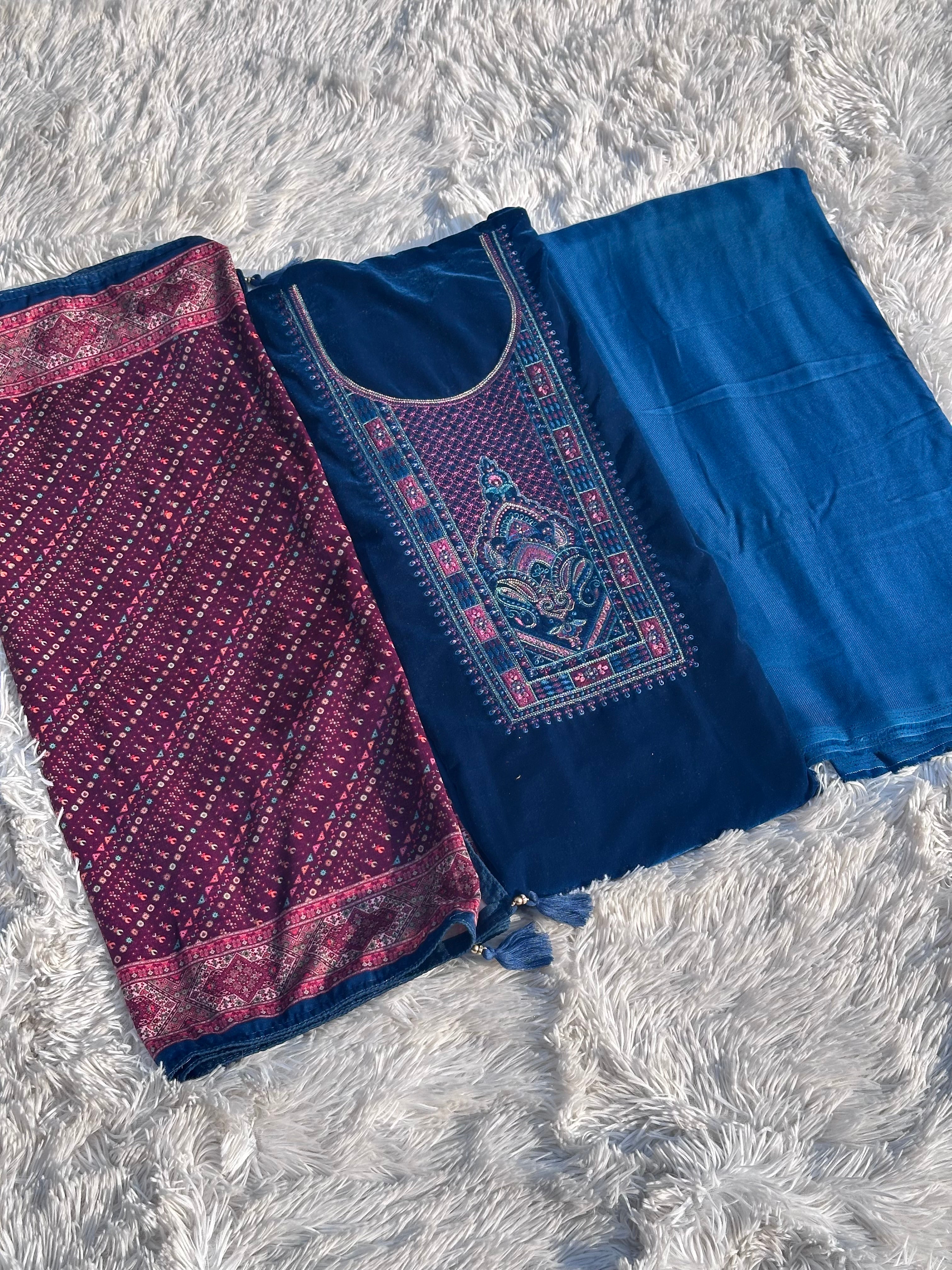 DARK BLUE UNSTITCHED SUIT IN VELVET FABRIC