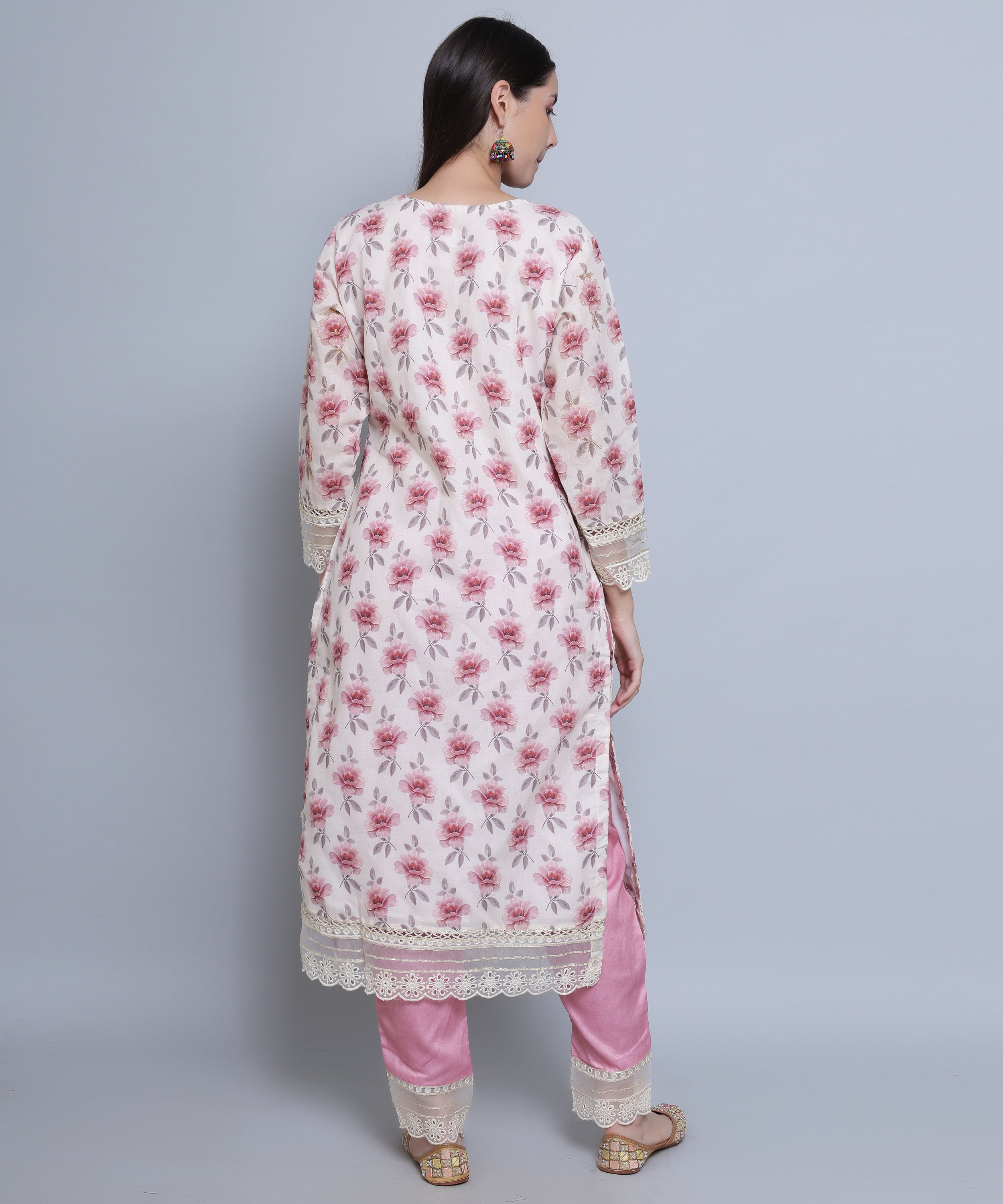 Pink Floral Straight Suit with Pants in Mulmul Cotton with Crochet
