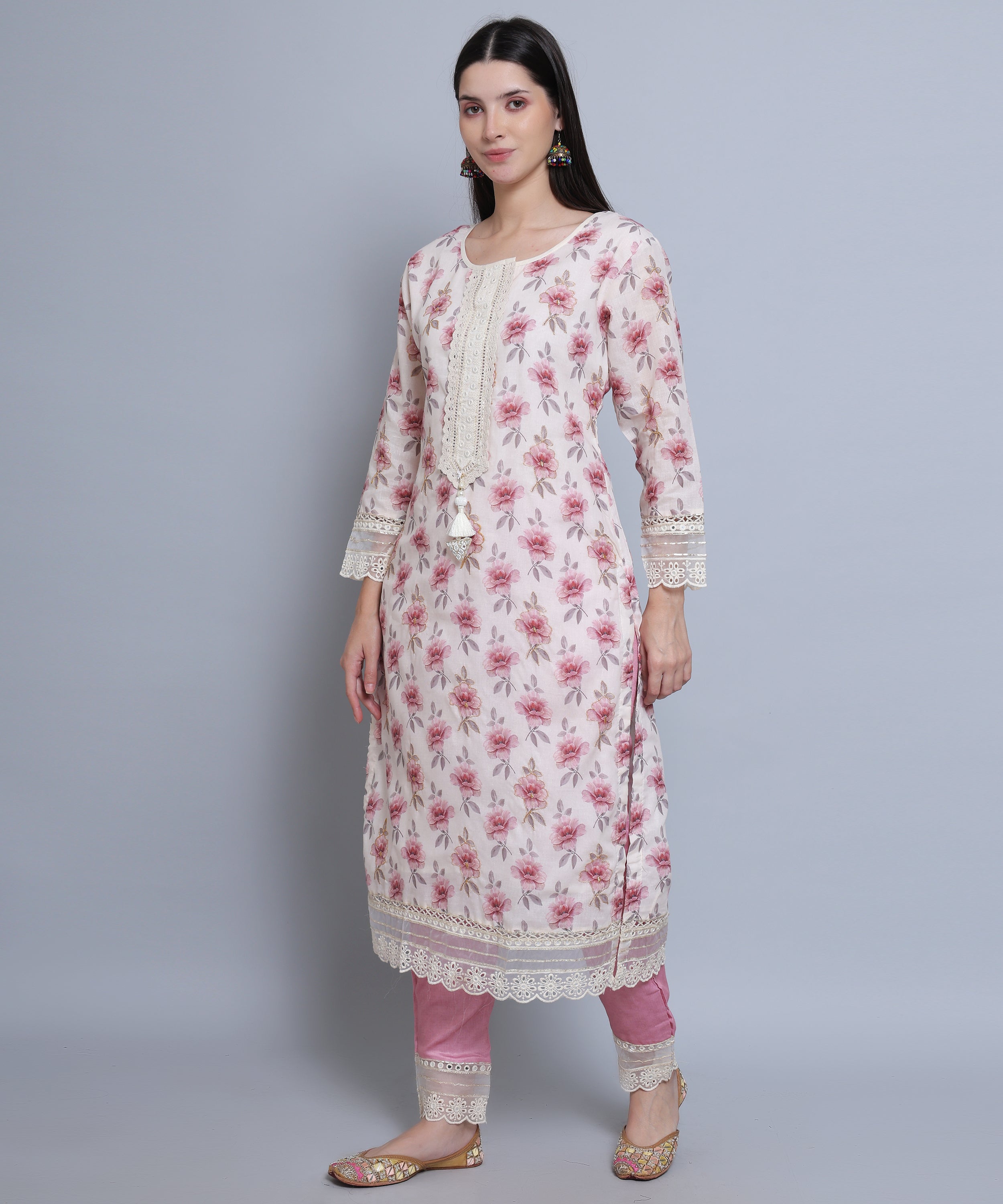 Pink Floral Straight Suit with Pants in Mulmul Cotton with Crochet