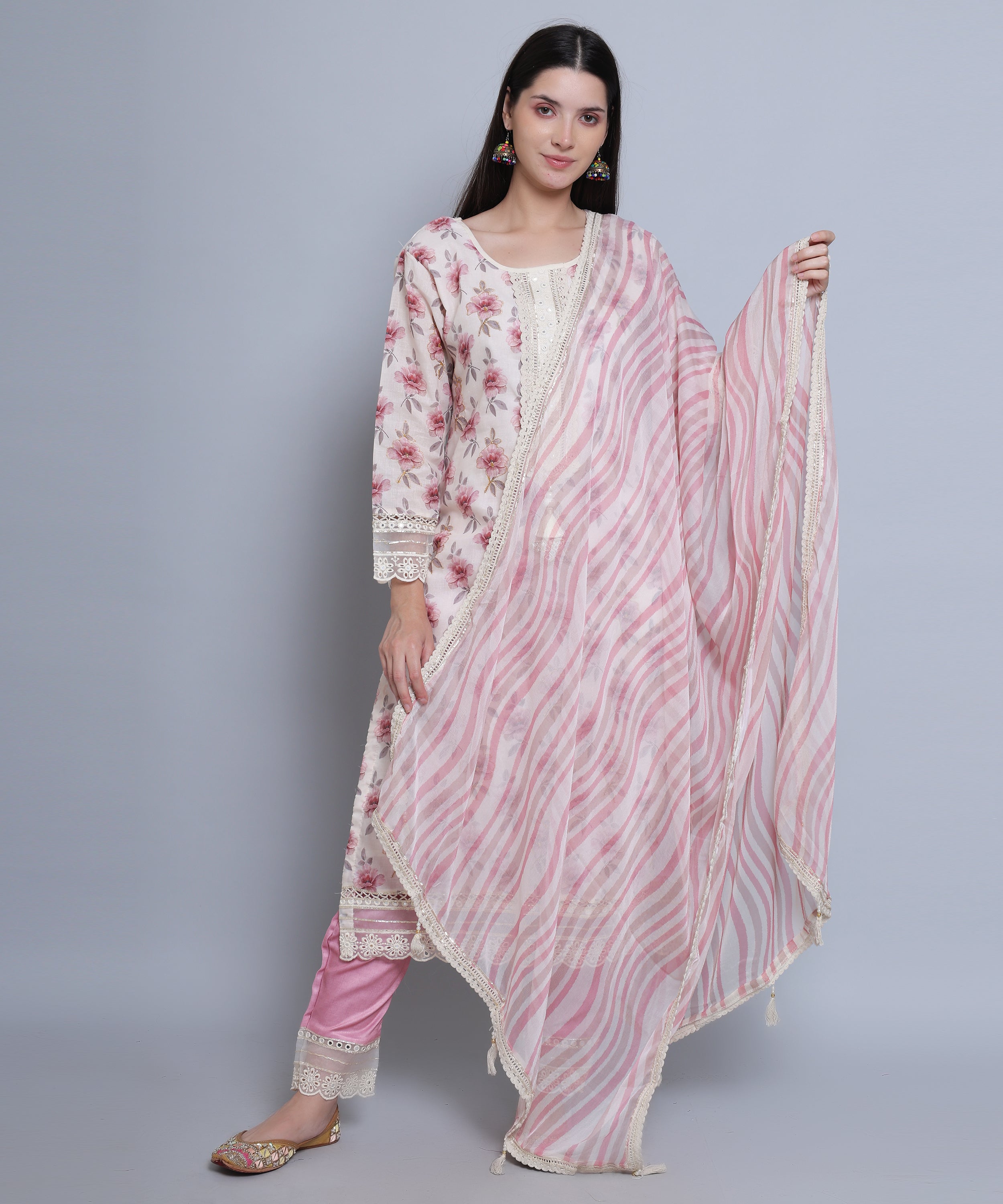 Pink Floral Straight Suit with Pants in Mulmul Cotton with Crochet