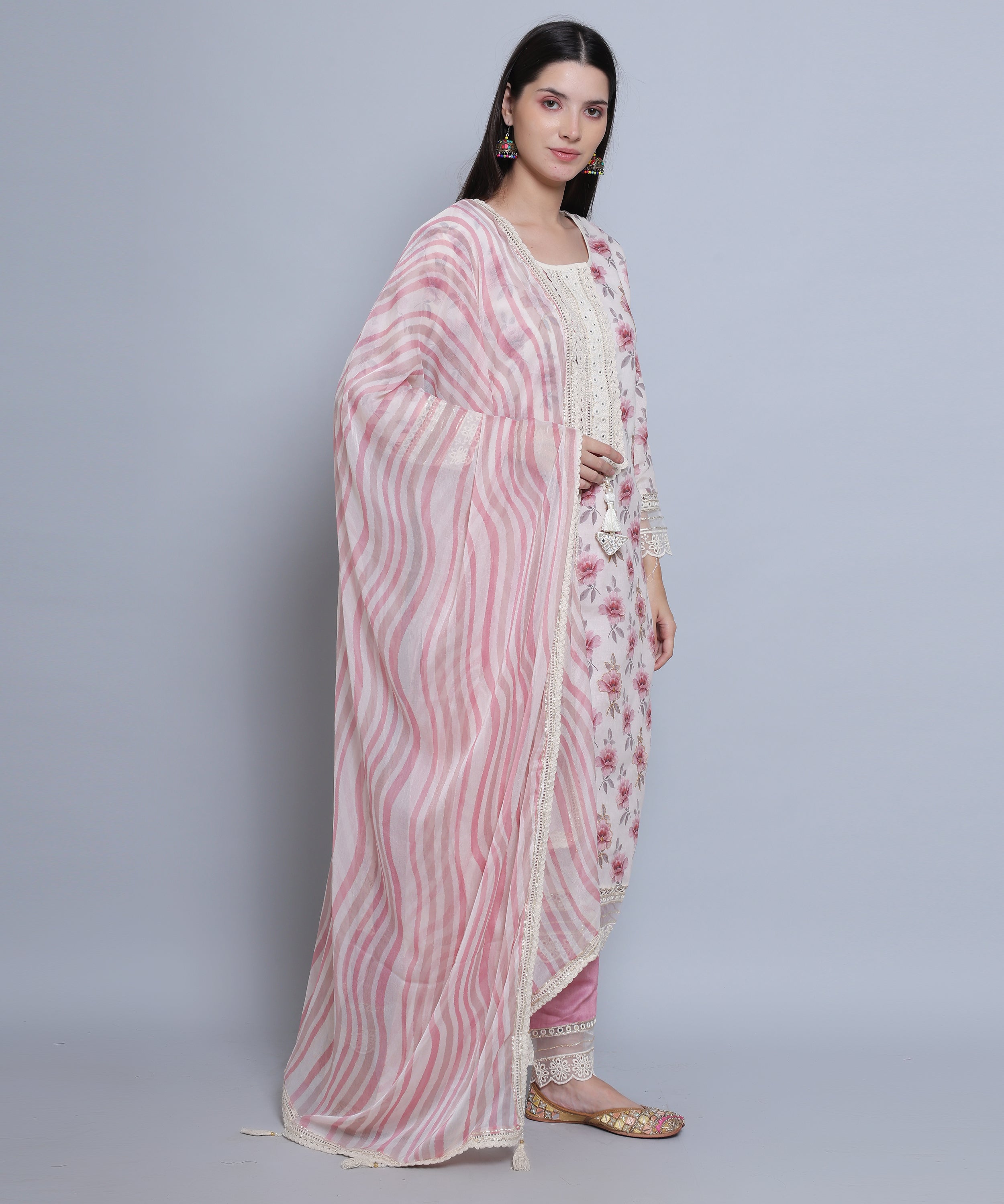 Pink Floral Straight Suit with Pants in Mulmul Cotton with Crochet