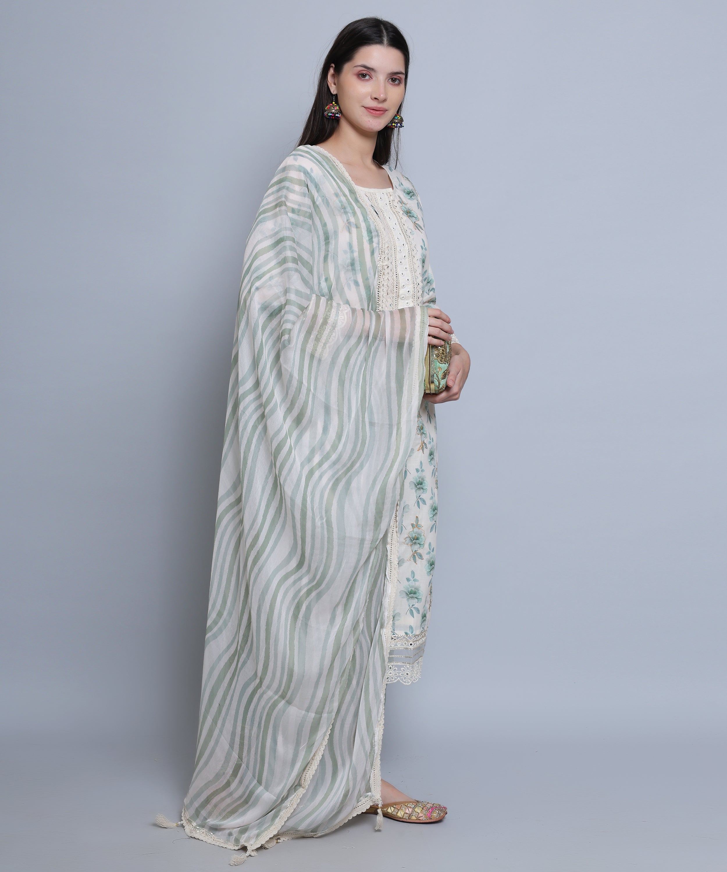 Green Floral Straight Suit with Pants in Mulmul Cotton with Crochet