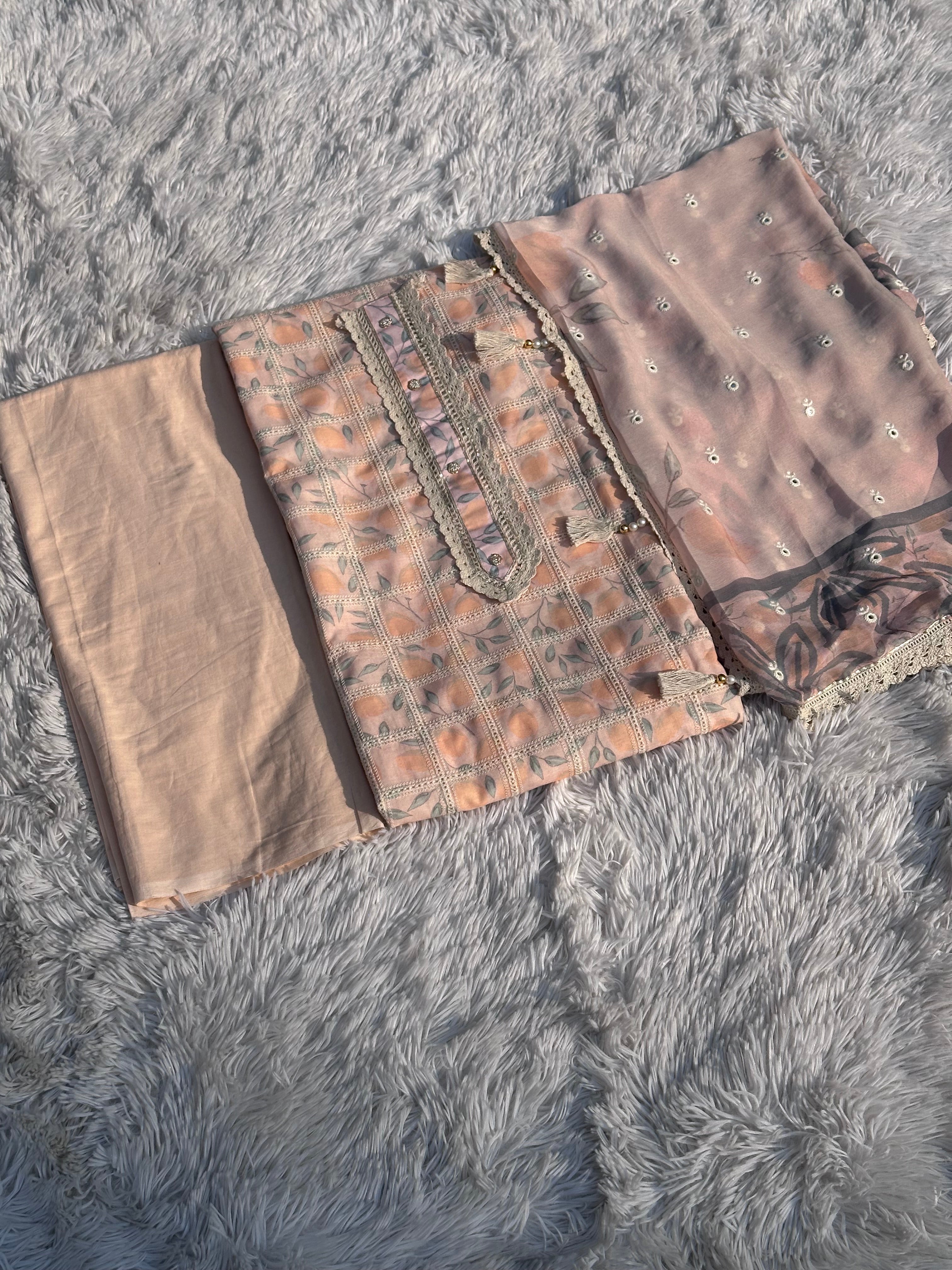 PEACH PAKISTANI UNSTITCHED SUIT IN COTTON FABRIC
