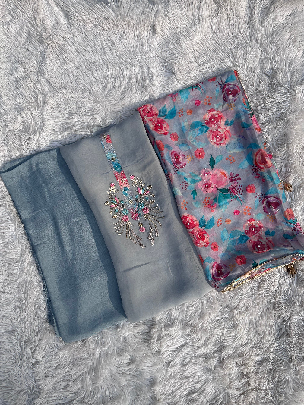 GREY UNSTITCHED SUIT IN ORGANZA FABRIC