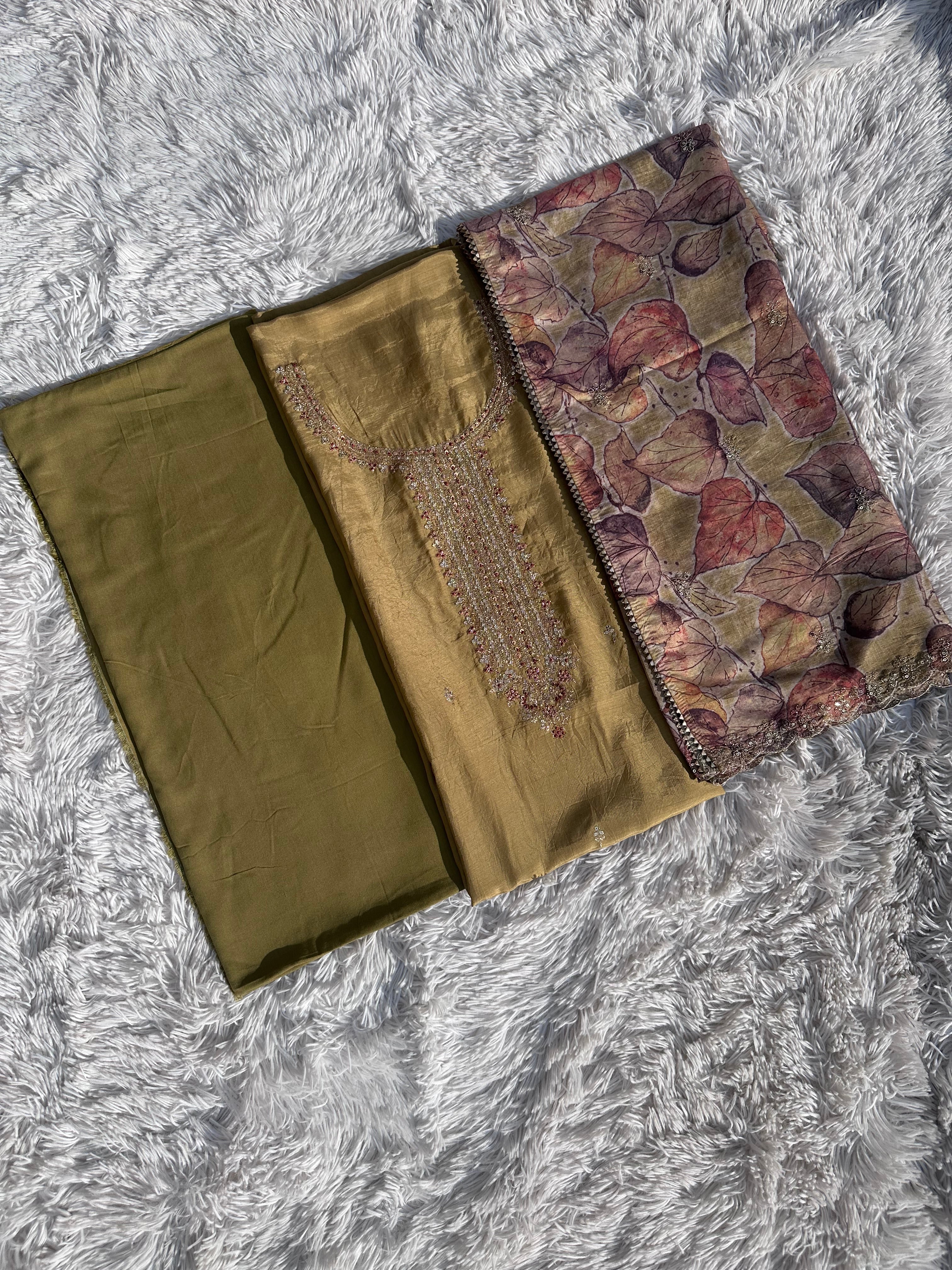 MEHNDI GREEN UNSTITCHED SUIT IN COTTON SILK FABRIC