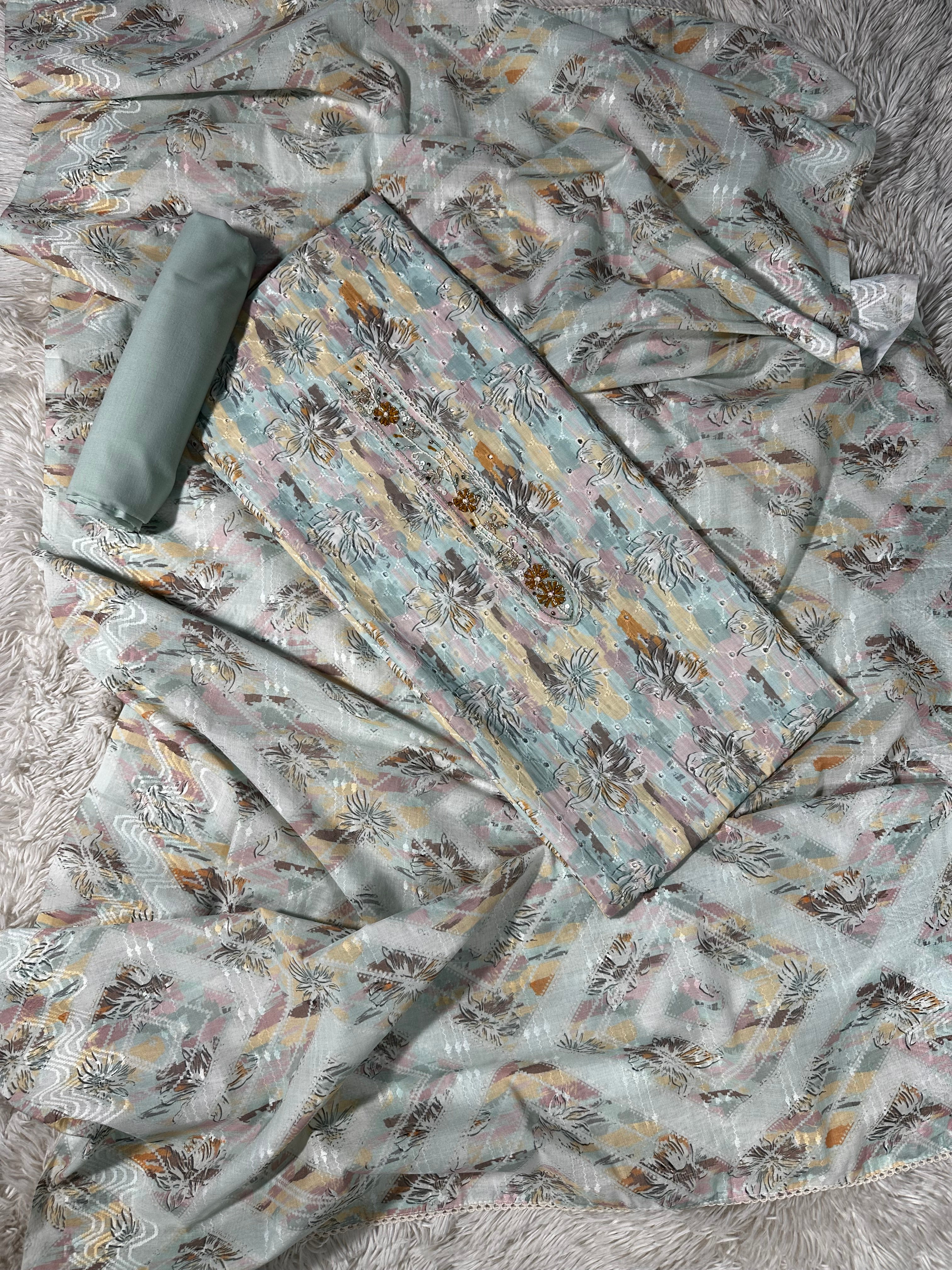 BLUE YELLOW UNSTITCHED SUIT IN ORGANZA FABRIC