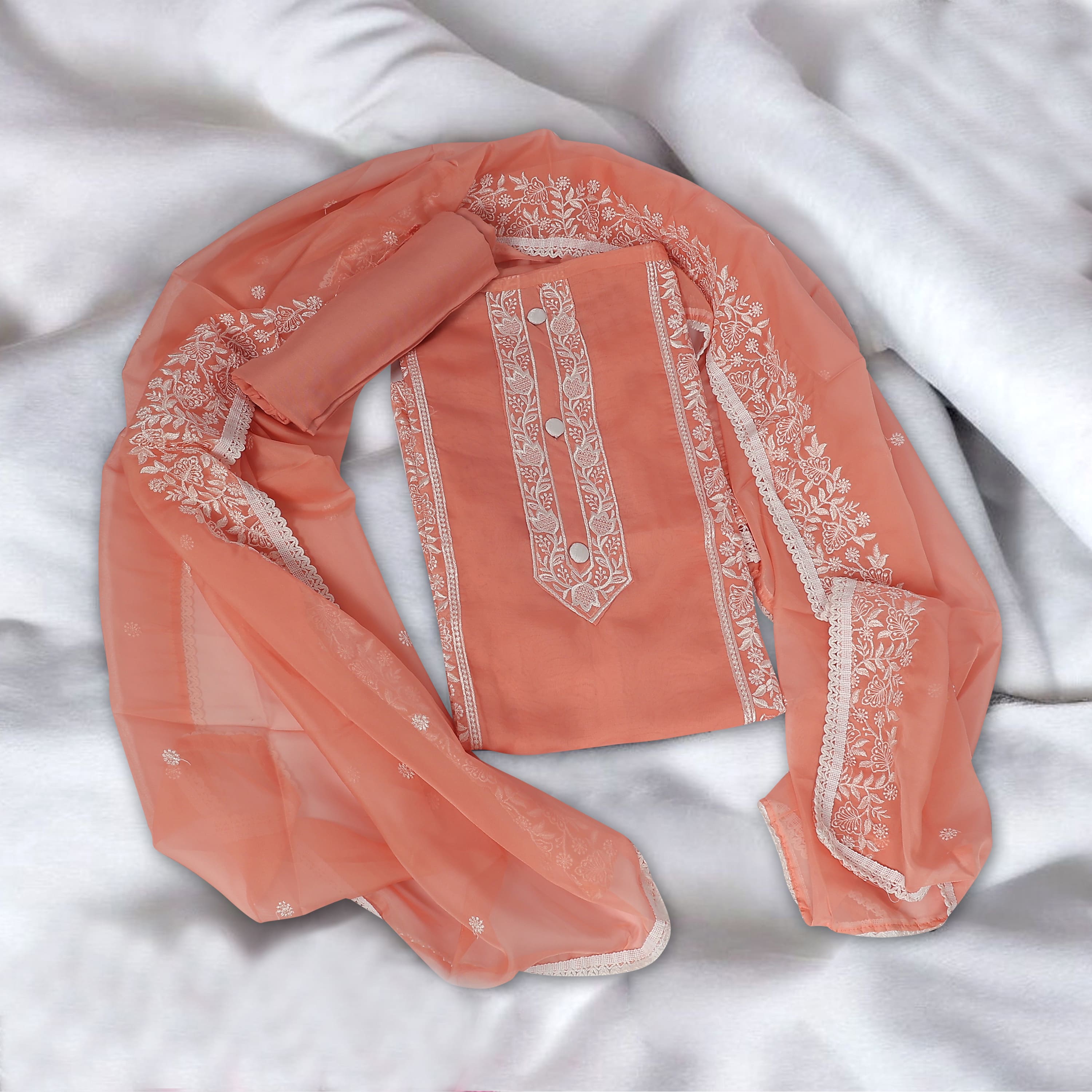 PEACH UNSTITCHED SUIT IN ORGANZA FABRIC