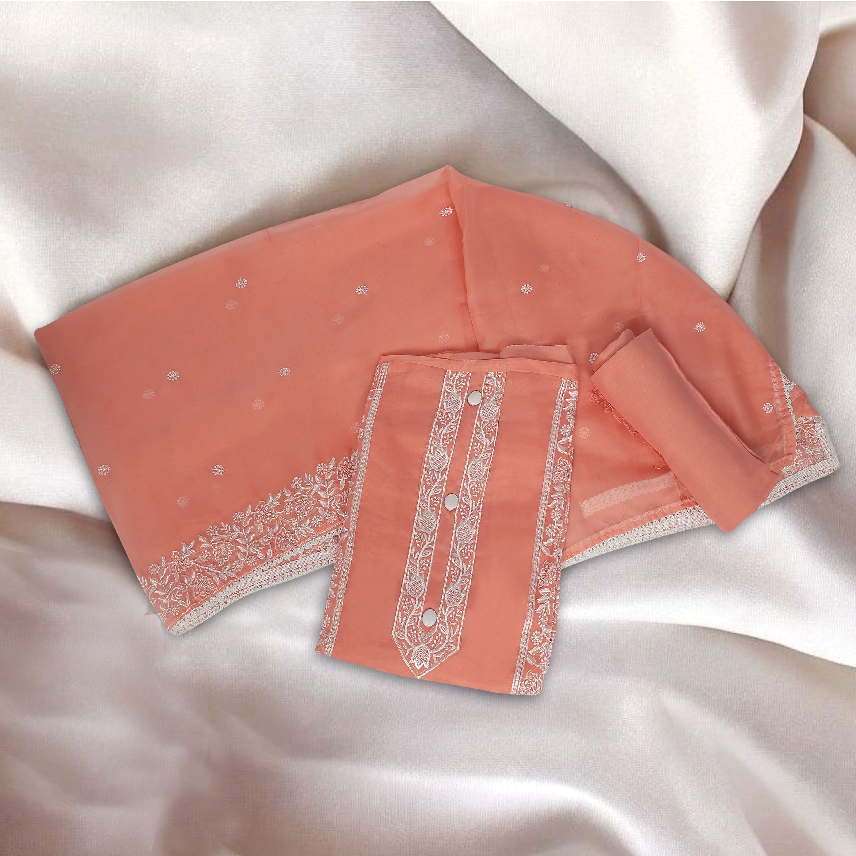 PEACH UNSTITCHED SUIT IN ORGANZA FABRIC