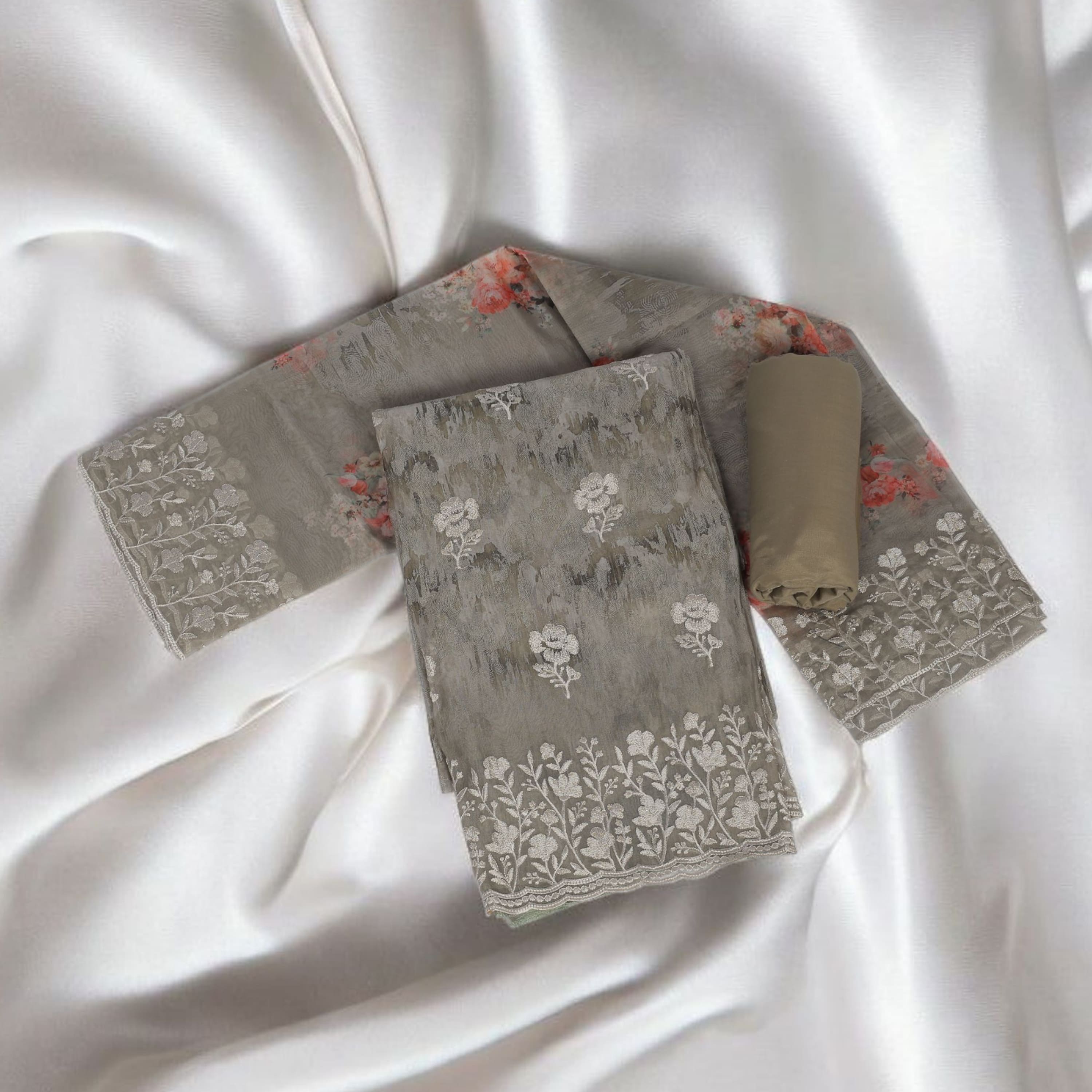 BEIGE GREY UNSTITCHED SUIT IN ORGANZA FABRIC