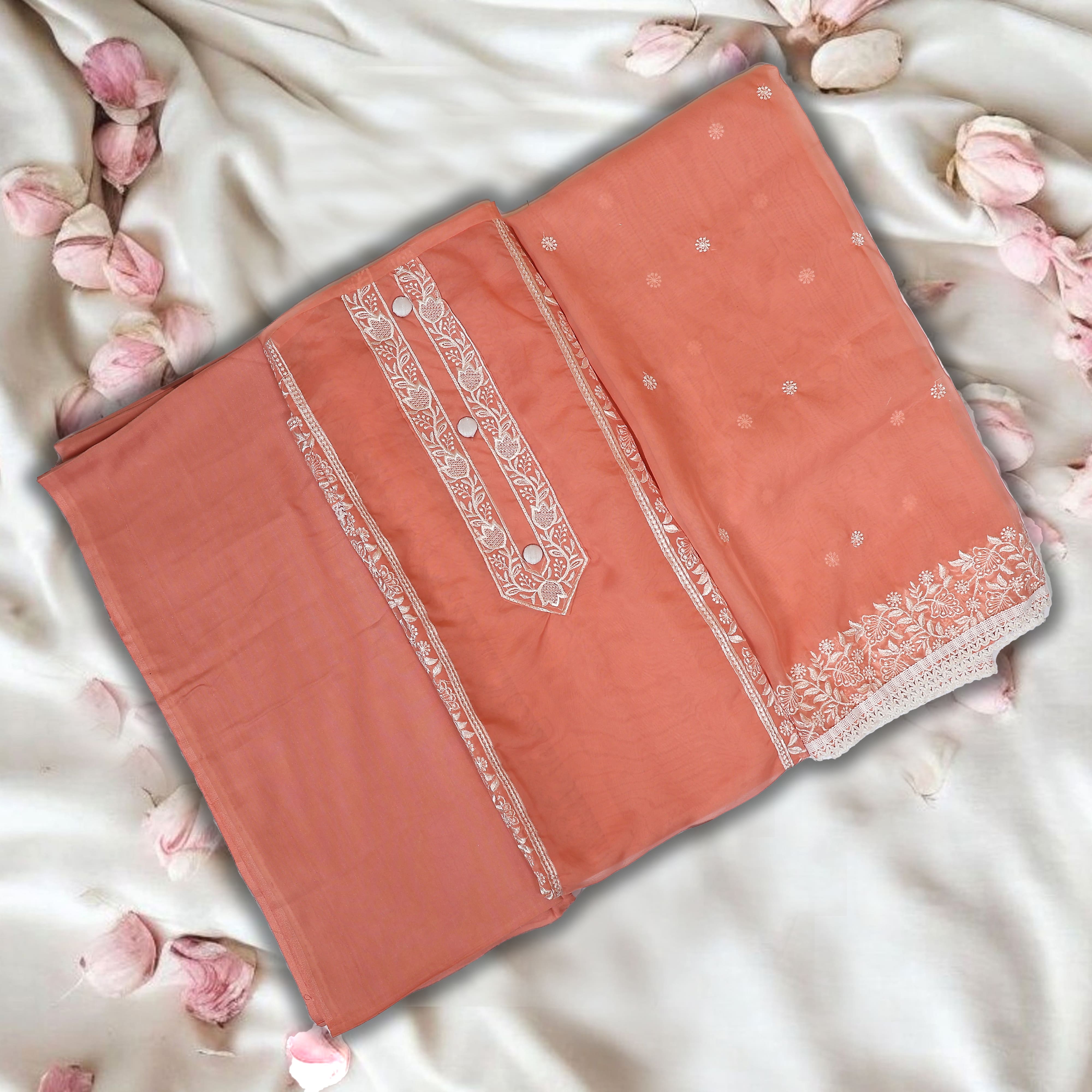PEACH UNSTITCHED SUIT IN ORGANZA FABRIC