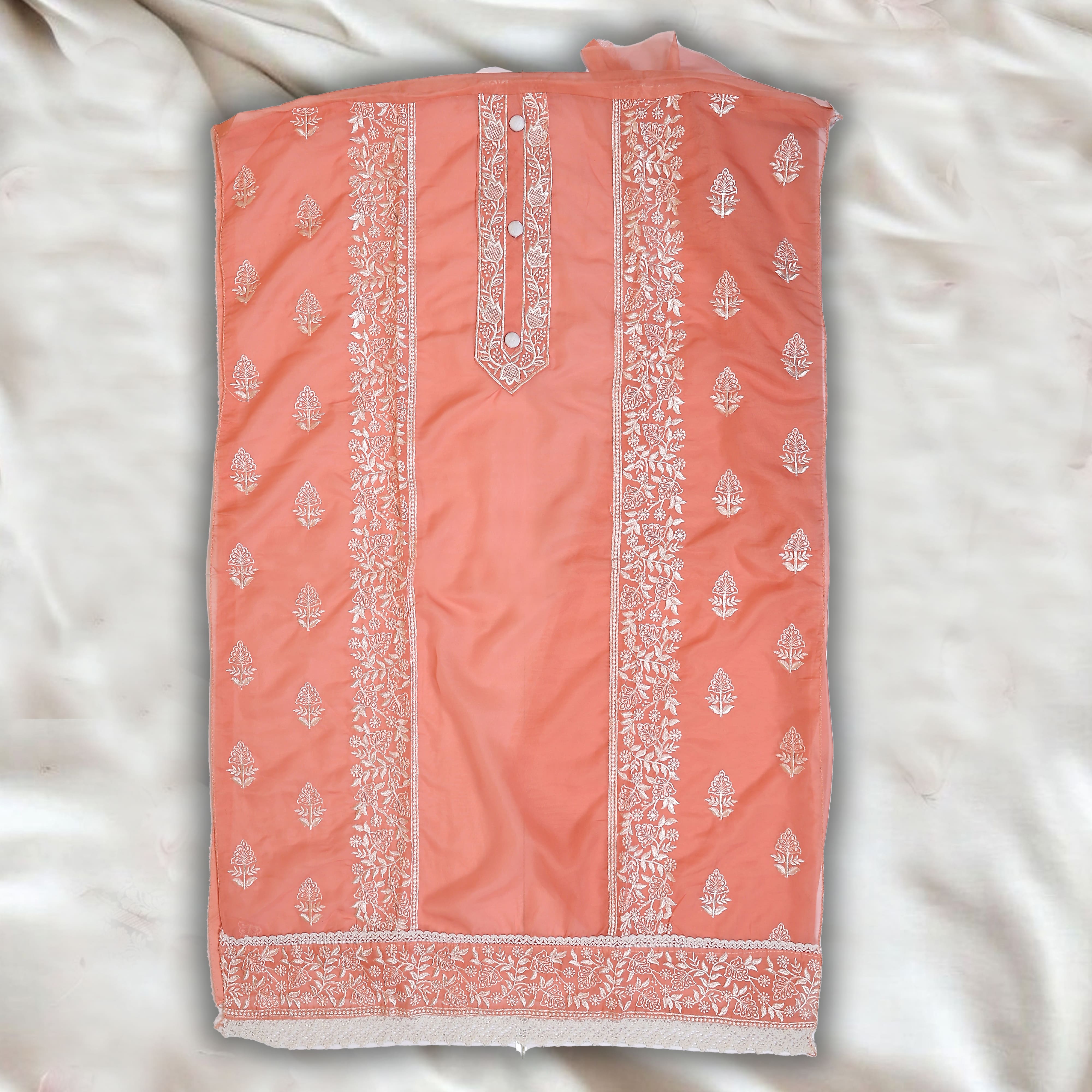 PEACH UNSTITCHED SUIT IN ORGANZA FABRIC