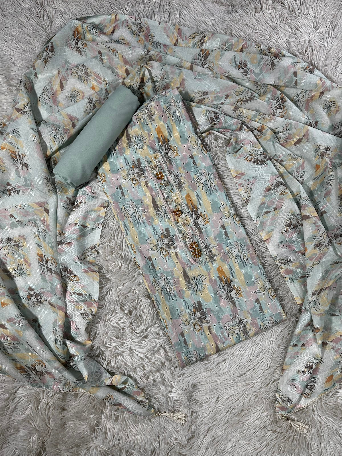 BLUE YELLOW UNSTITCHED SUIT IN ORGANZA FABRIC