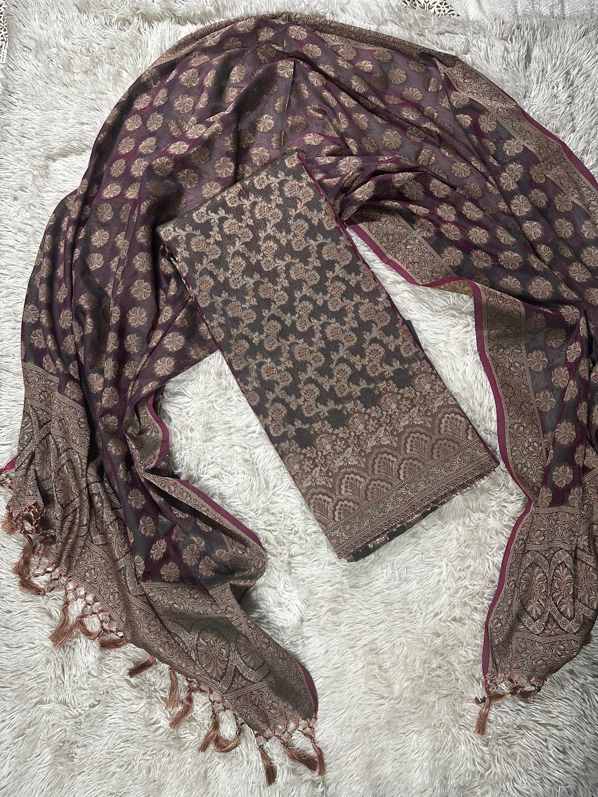 WINE UNSTITCHED SUIT IN BANARASI SILK FABRIC