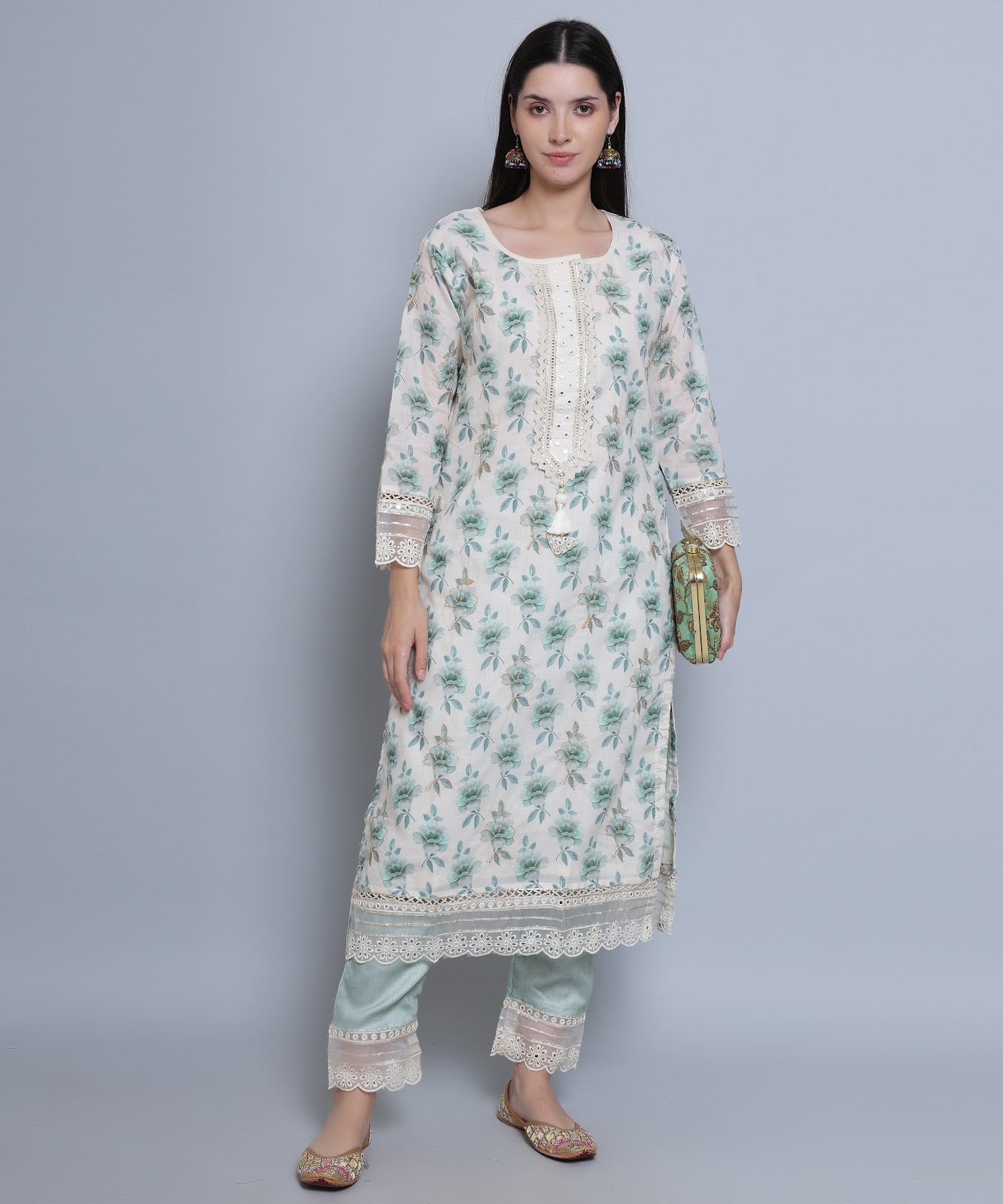Green Floral Straight Suit with Pants in Mulmul Cotton with Crochet