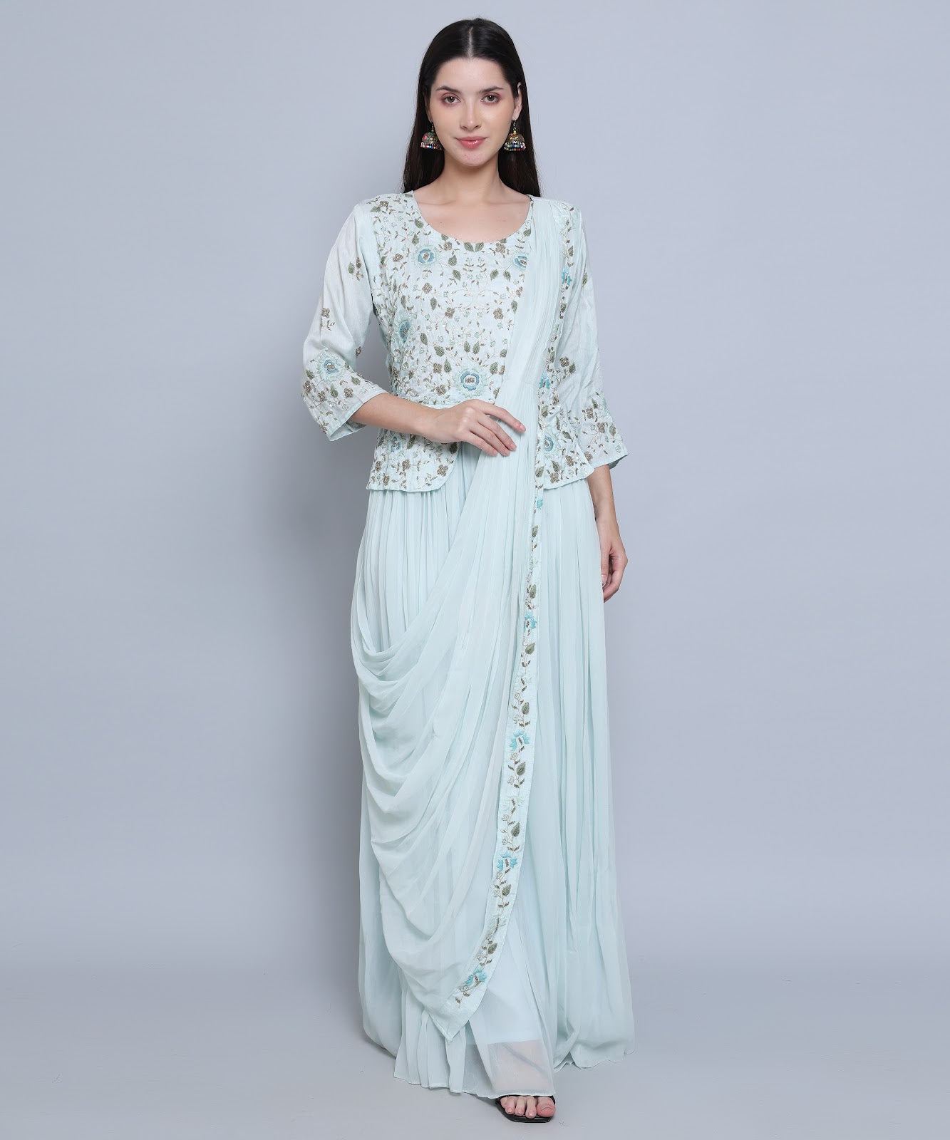 Light Blue Drape set with Skirt in Chinon Fabric with Hand Embroidery