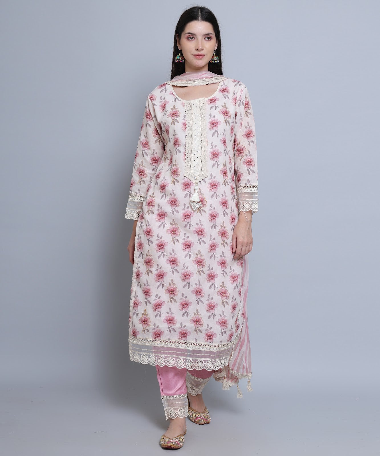 Pink Floral Straight Suit with Pants in Mulmul Cotton with Crochet