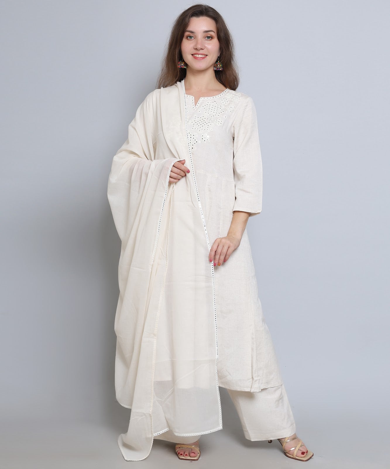 White Naira cut Suit with Palazzo in Khadi Cotton