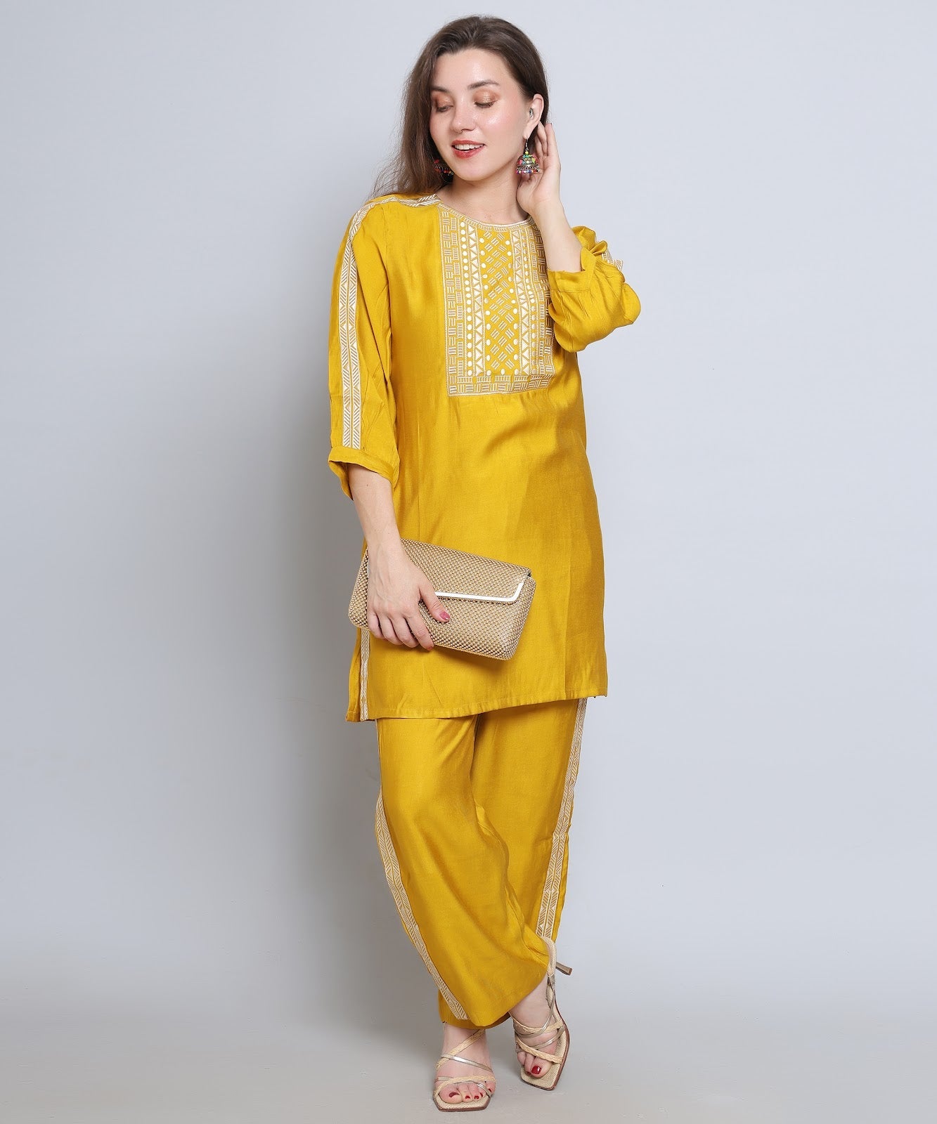 Yellow co ord set with Embroidery in Rayon Cotton
