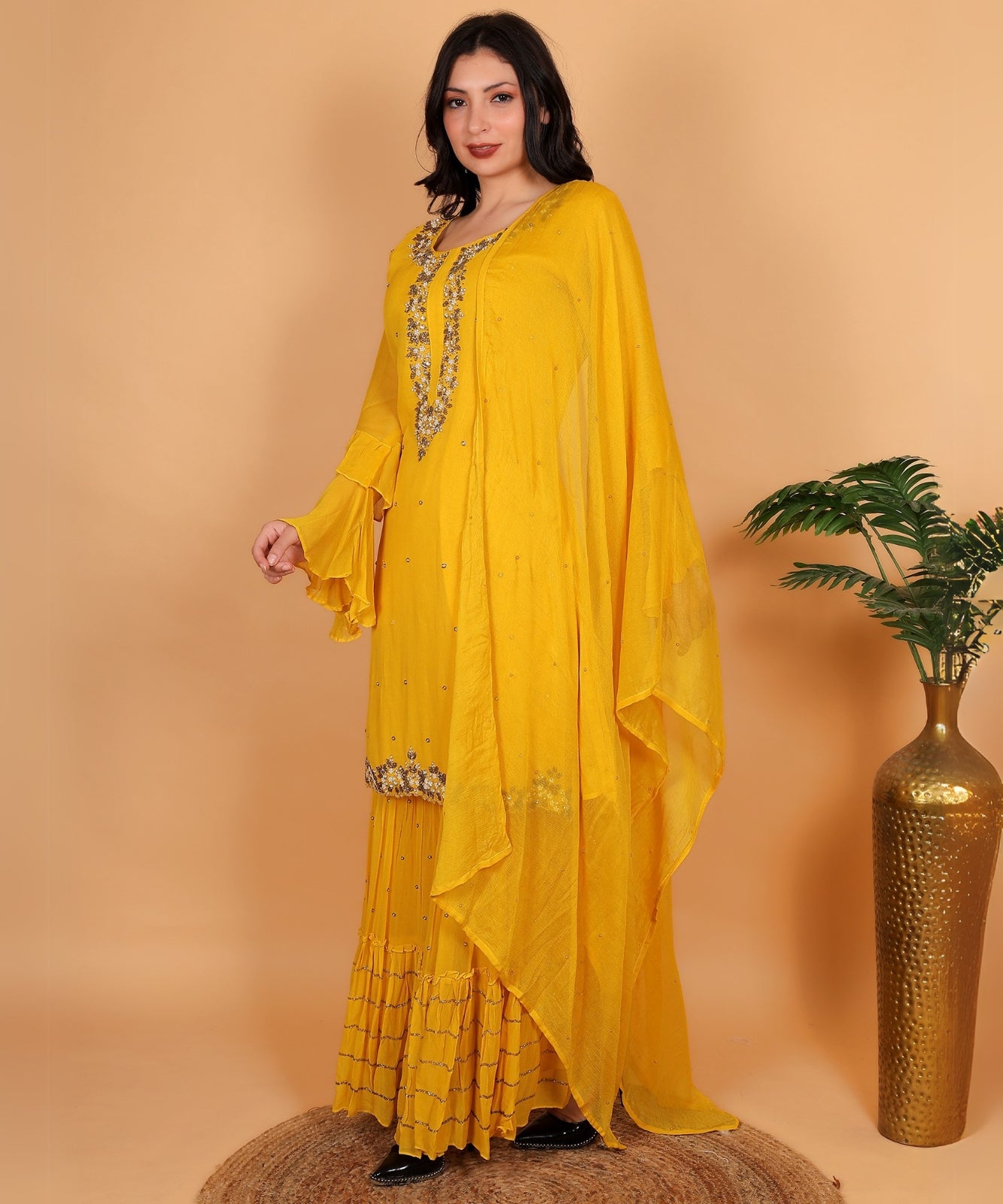 Yellow Suit with Sharara in Georgette with Hand Embroidery