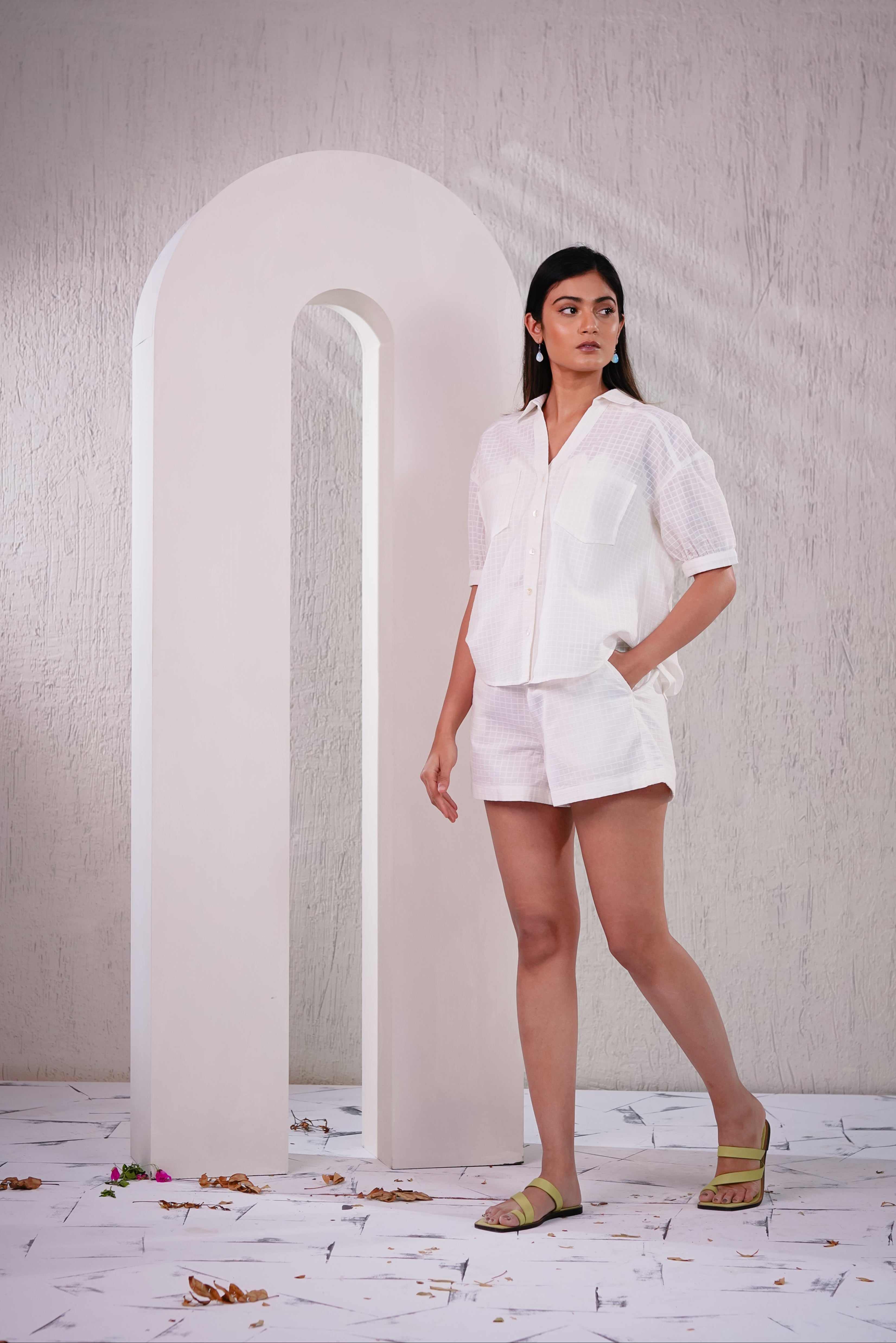 WATER LILY - White Self Checks Shirt with Shorts Co-ord