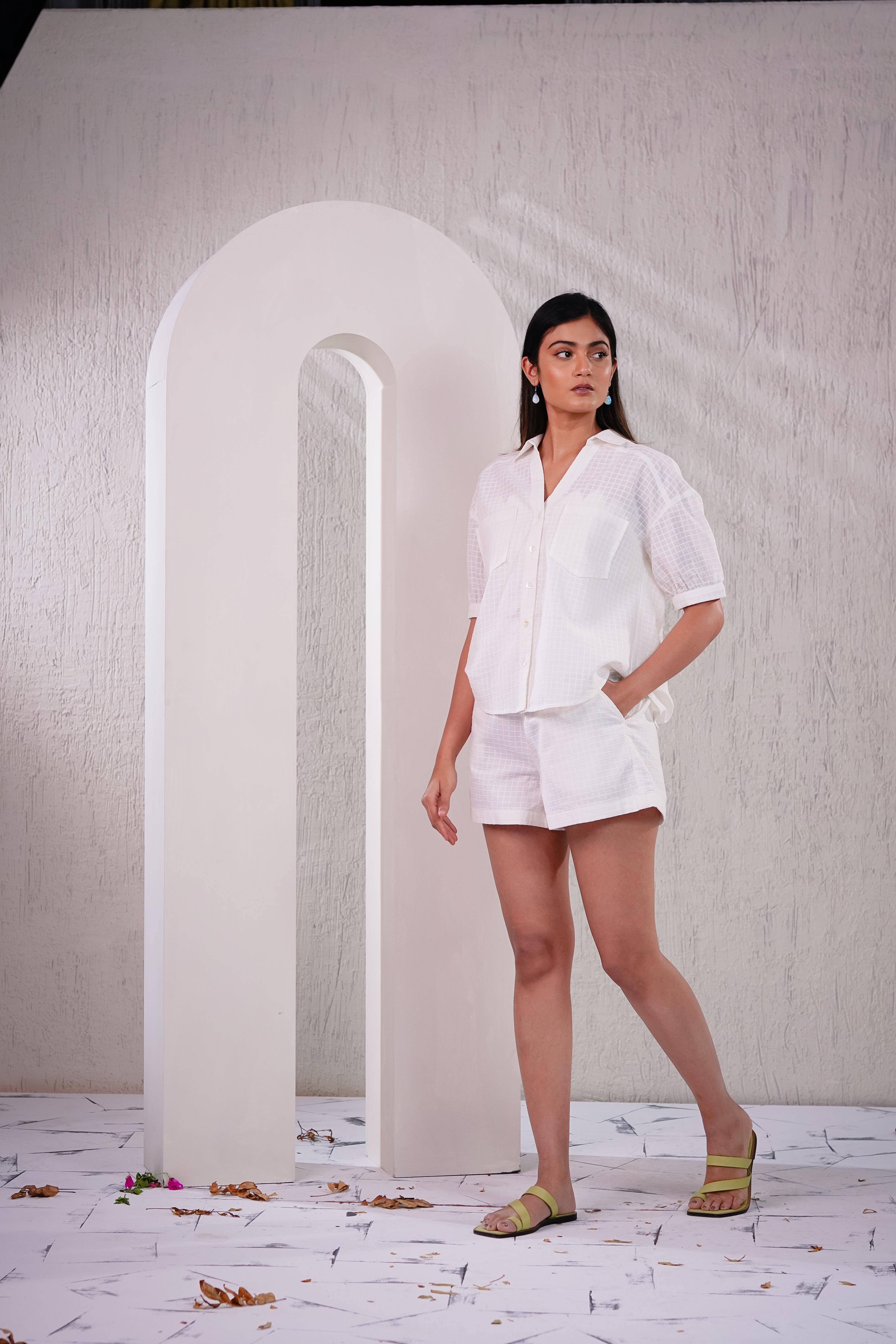 WATER LILY - White Self Checks Shirt with Shorts Co-ord