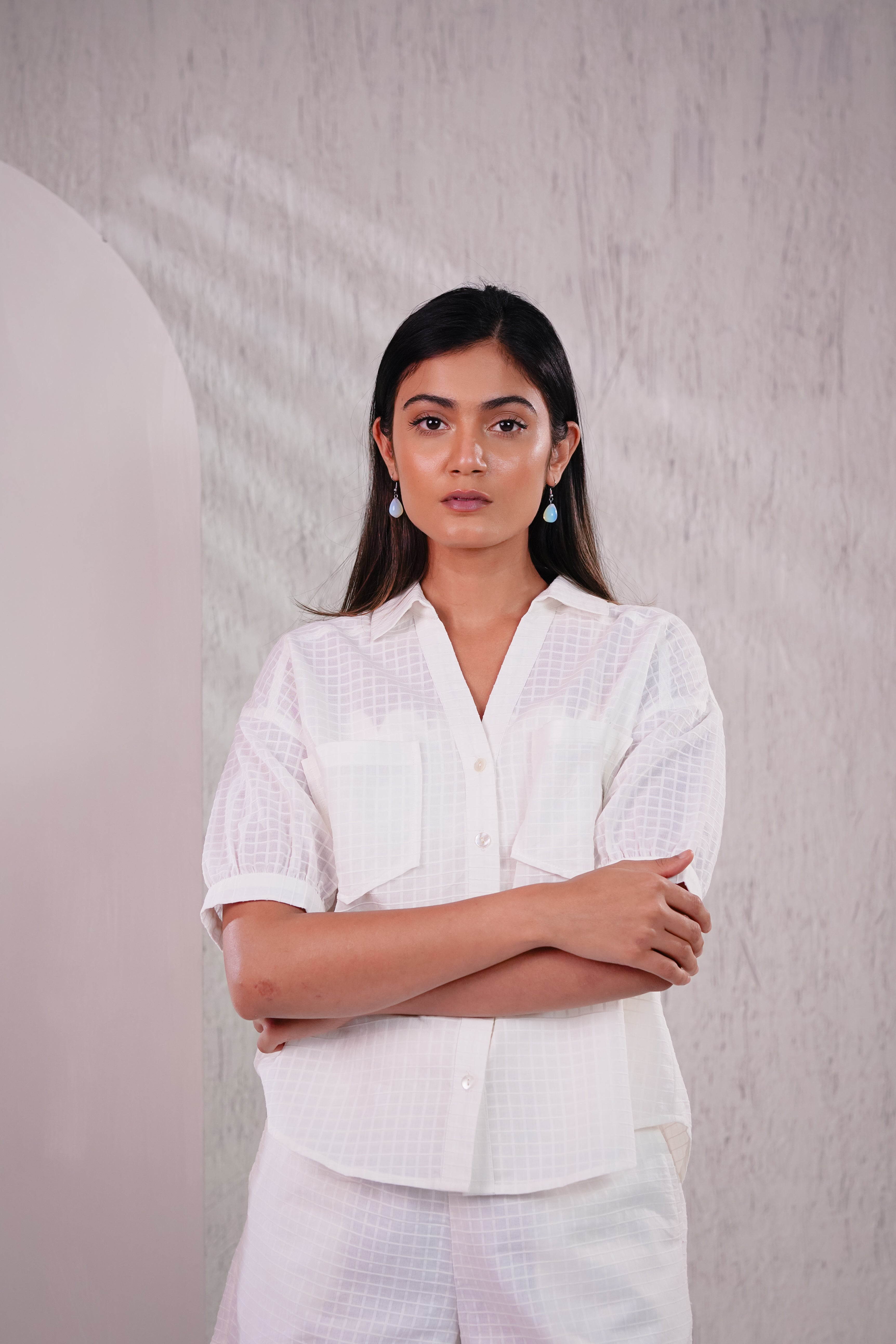 WATER LILY - White Self Checks Shirt with Shorts Co-ord