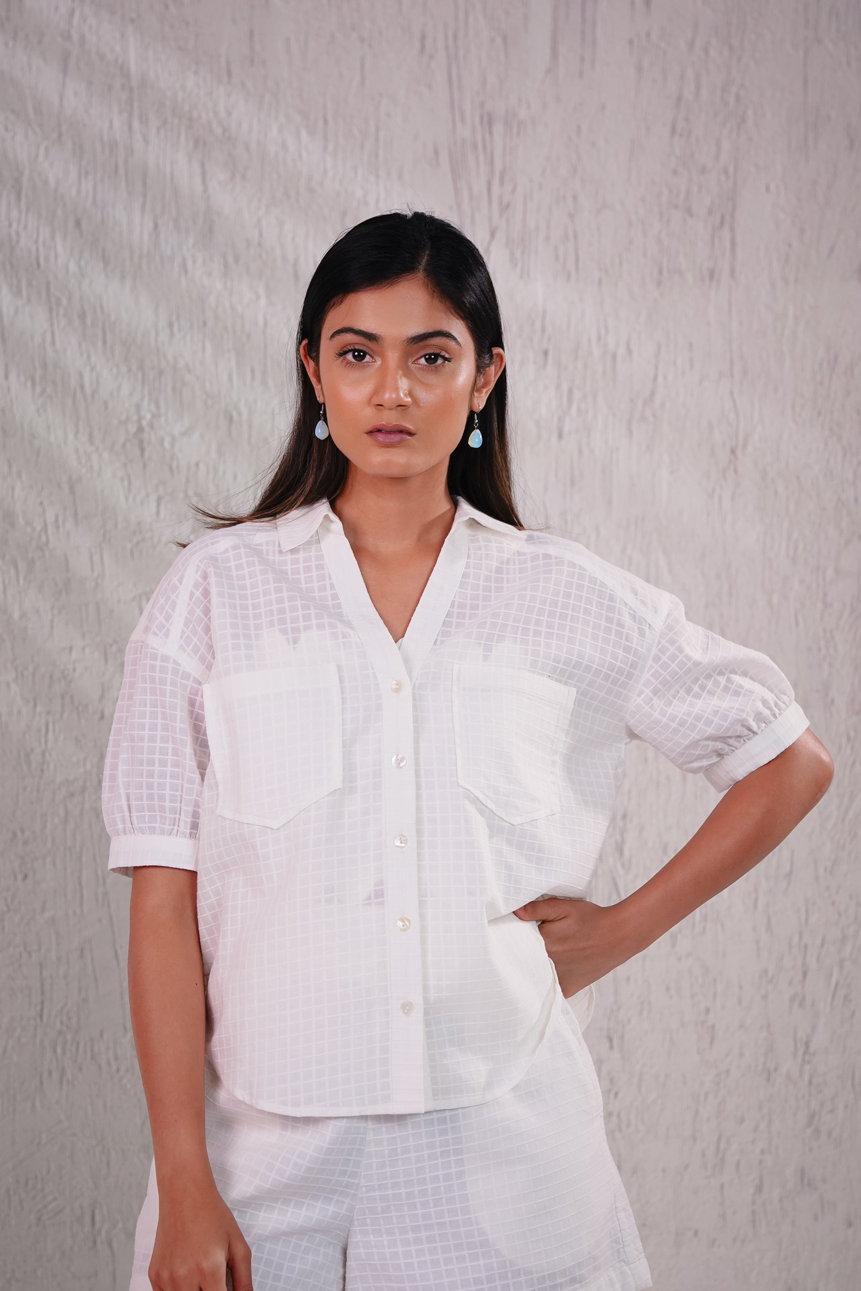 WATER LILY - White Self Checks Shirt with Shorts Co-ord