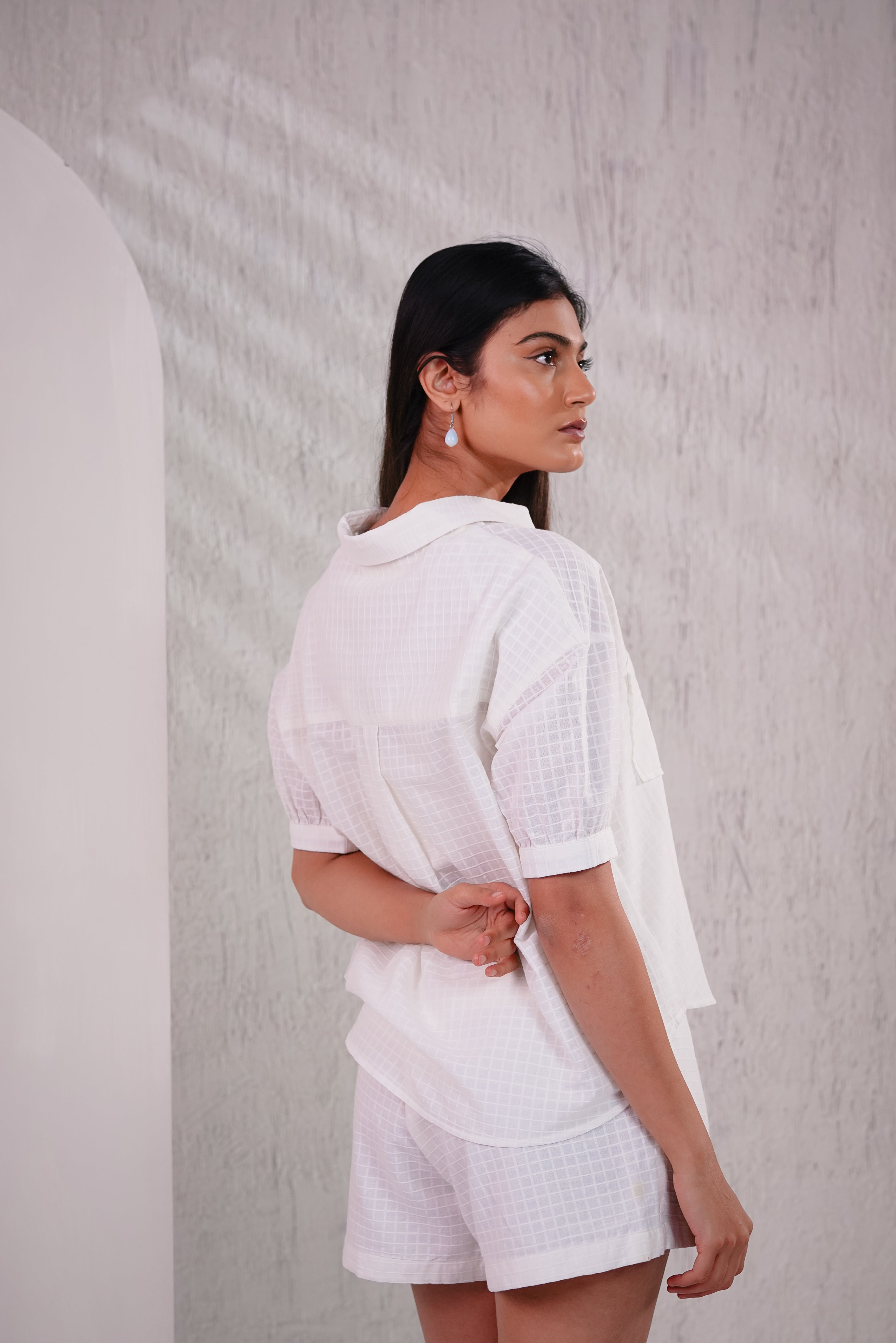 WATER LILY - White Self Checks Shirt with Shorts Co-ord
