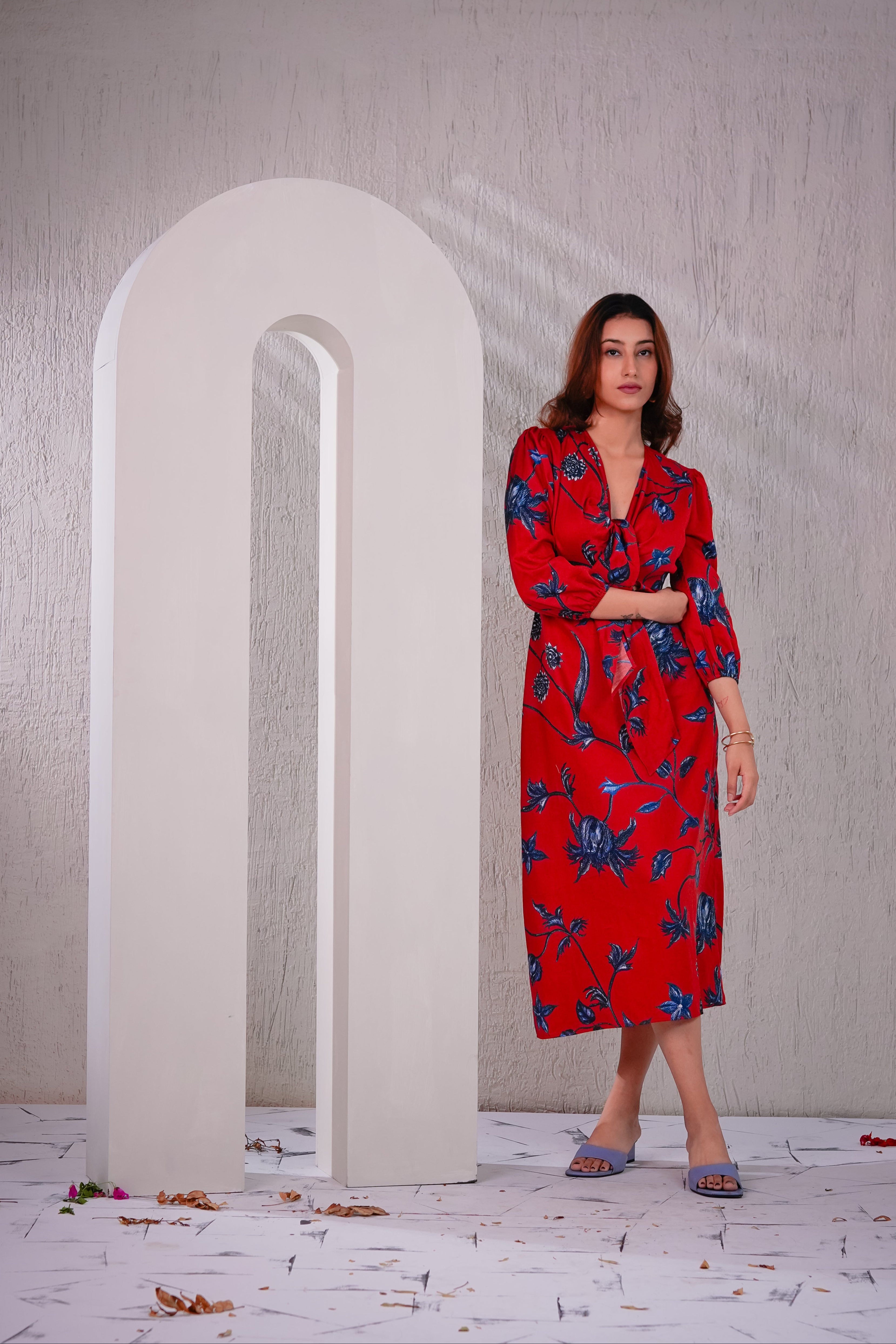 ORCHID - Red Floral Knot Dress