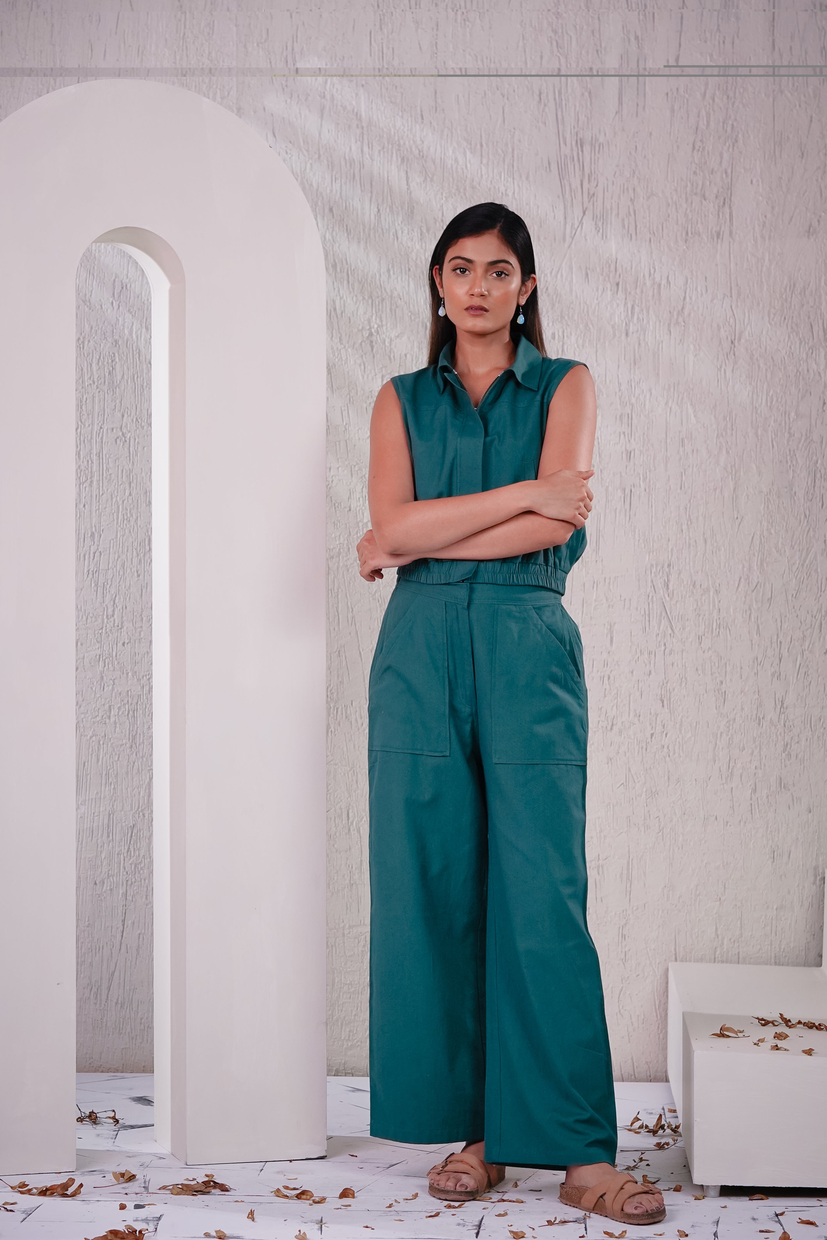 JASMINE - Teal Green Zipper Crop Cargo Set