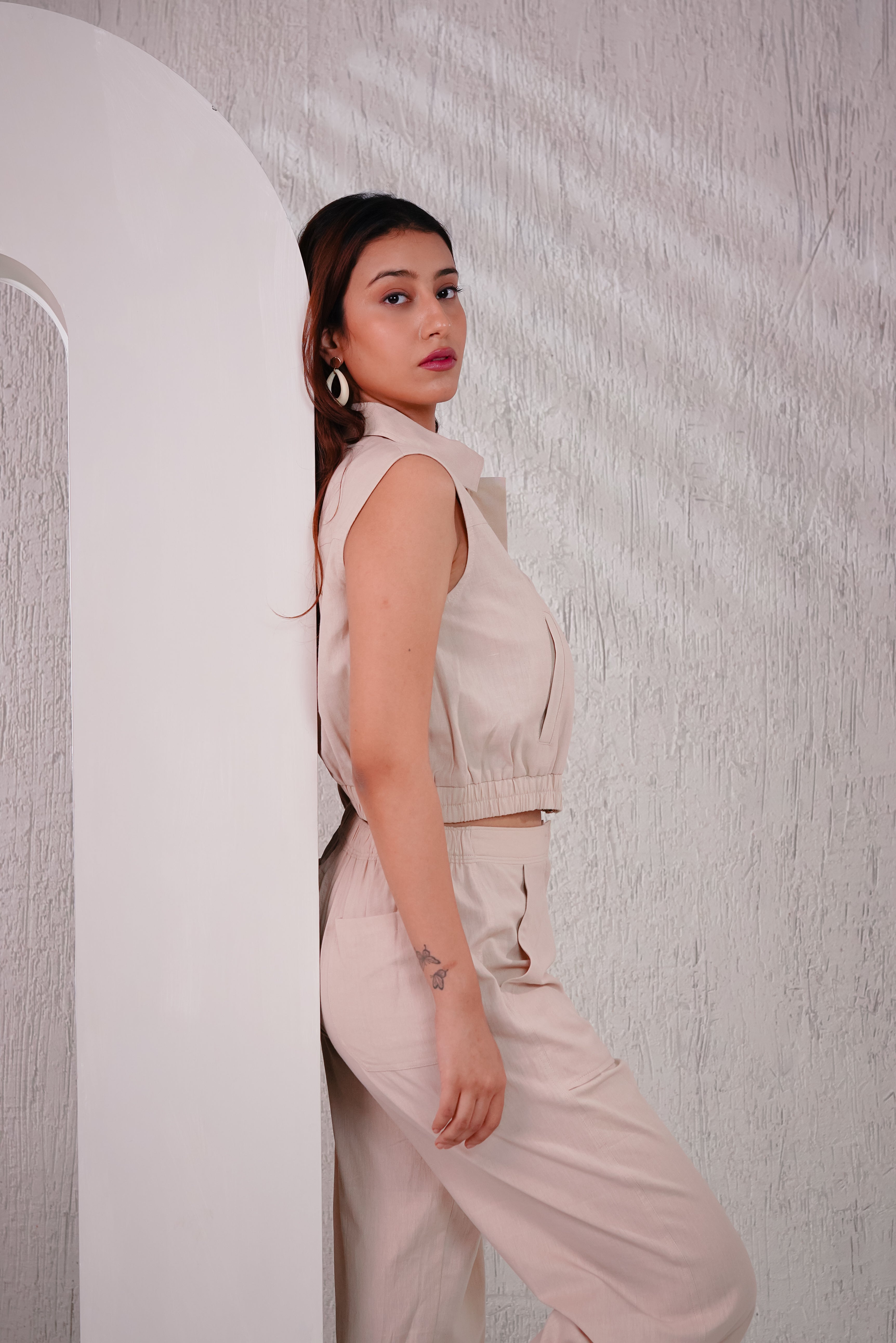 JASMINE - Beige Zipper Crop Cargo Set