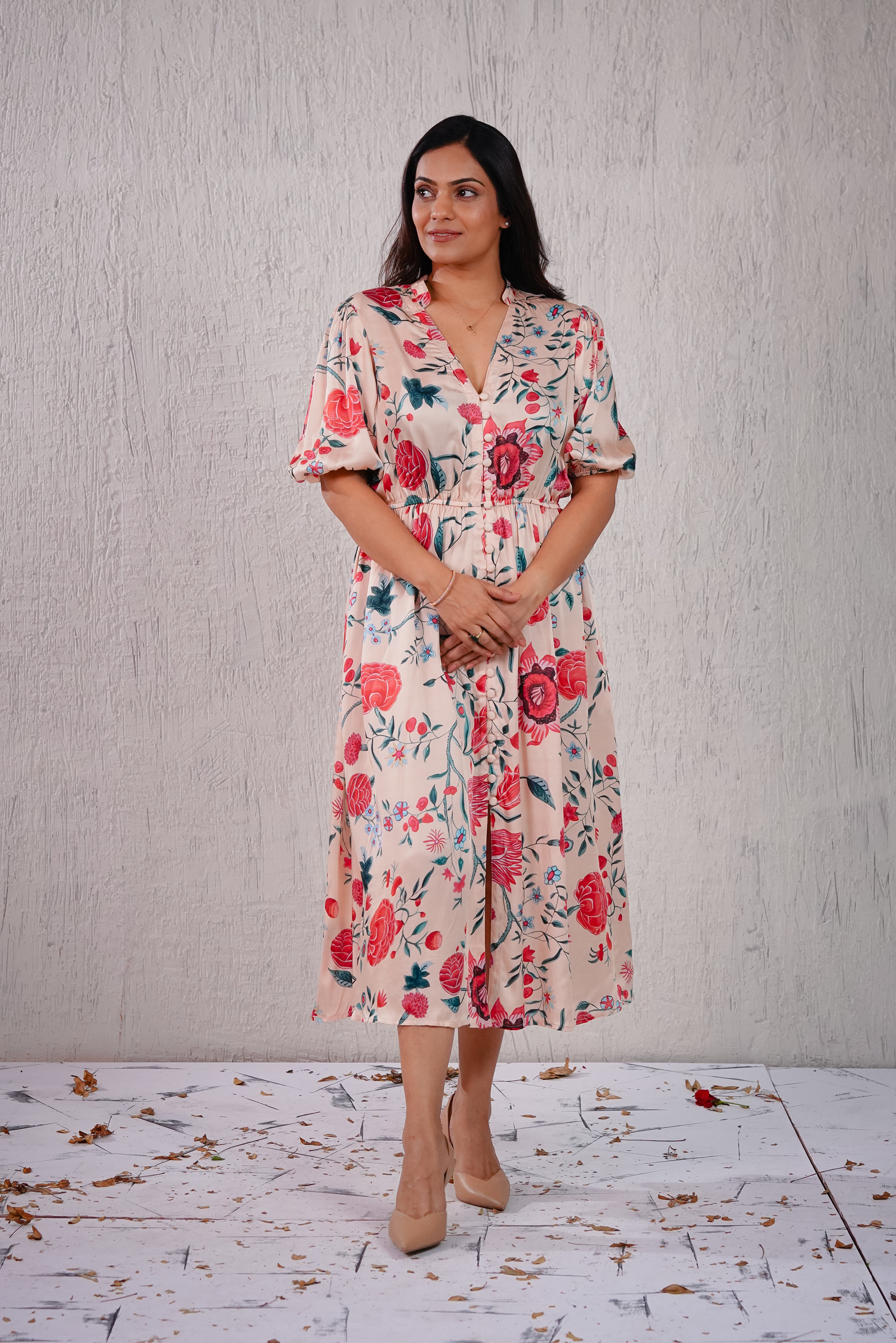 PEONY - Cream Floral Midi Dress