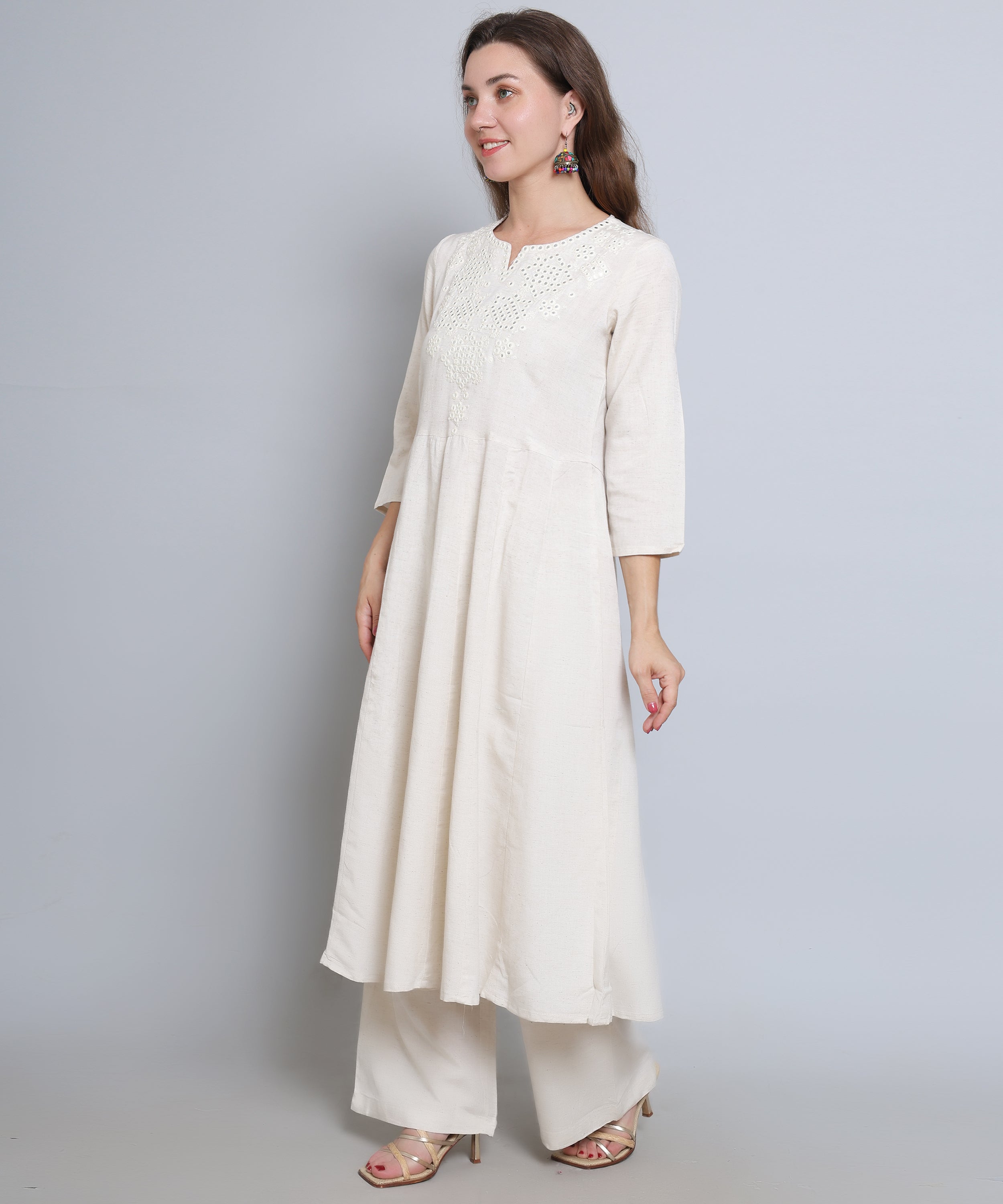 White Naira cut Suit with Palazzo in Khadi Cotton