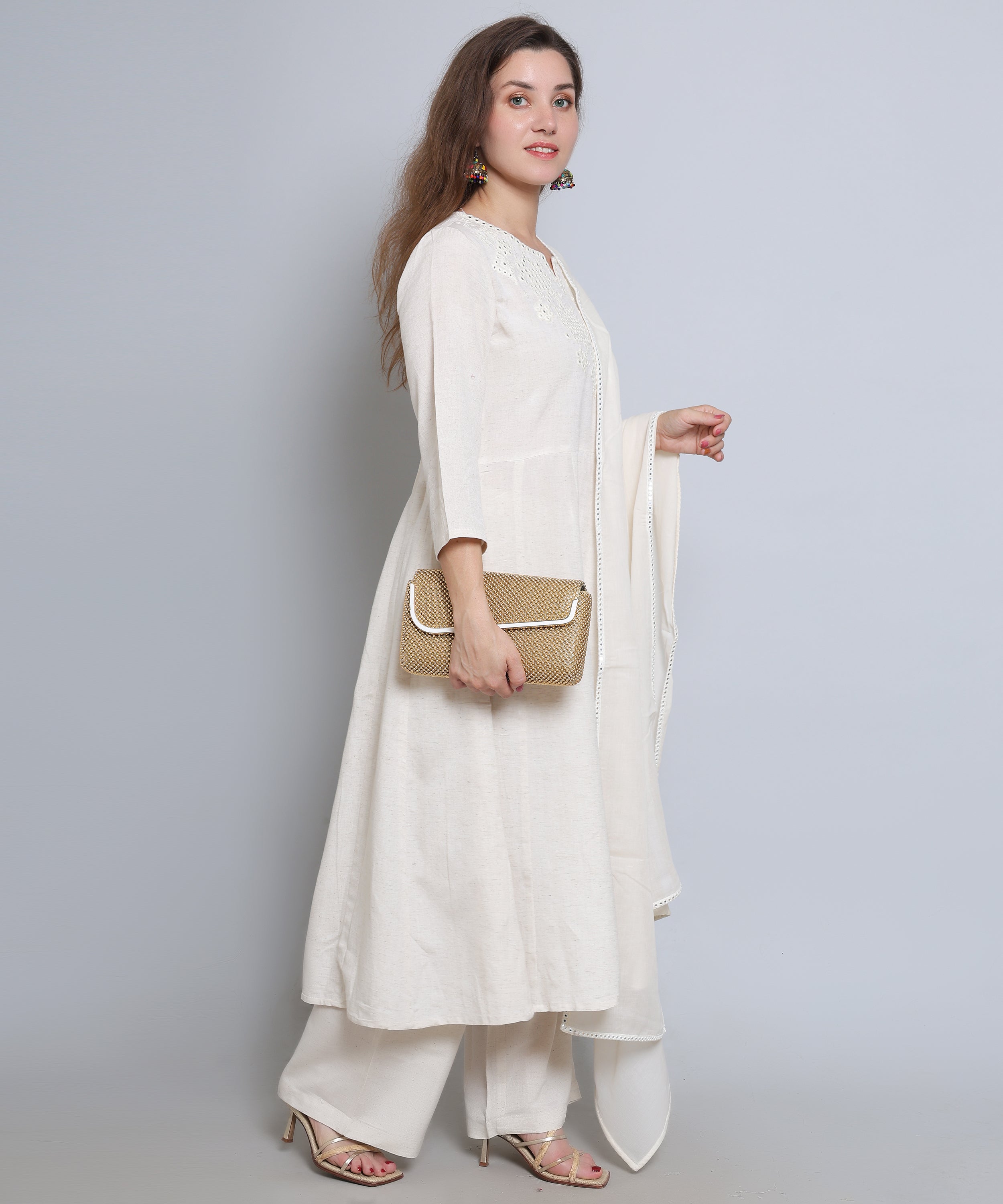 White Naira cut Suit with Palazzo in Khadi Cotton