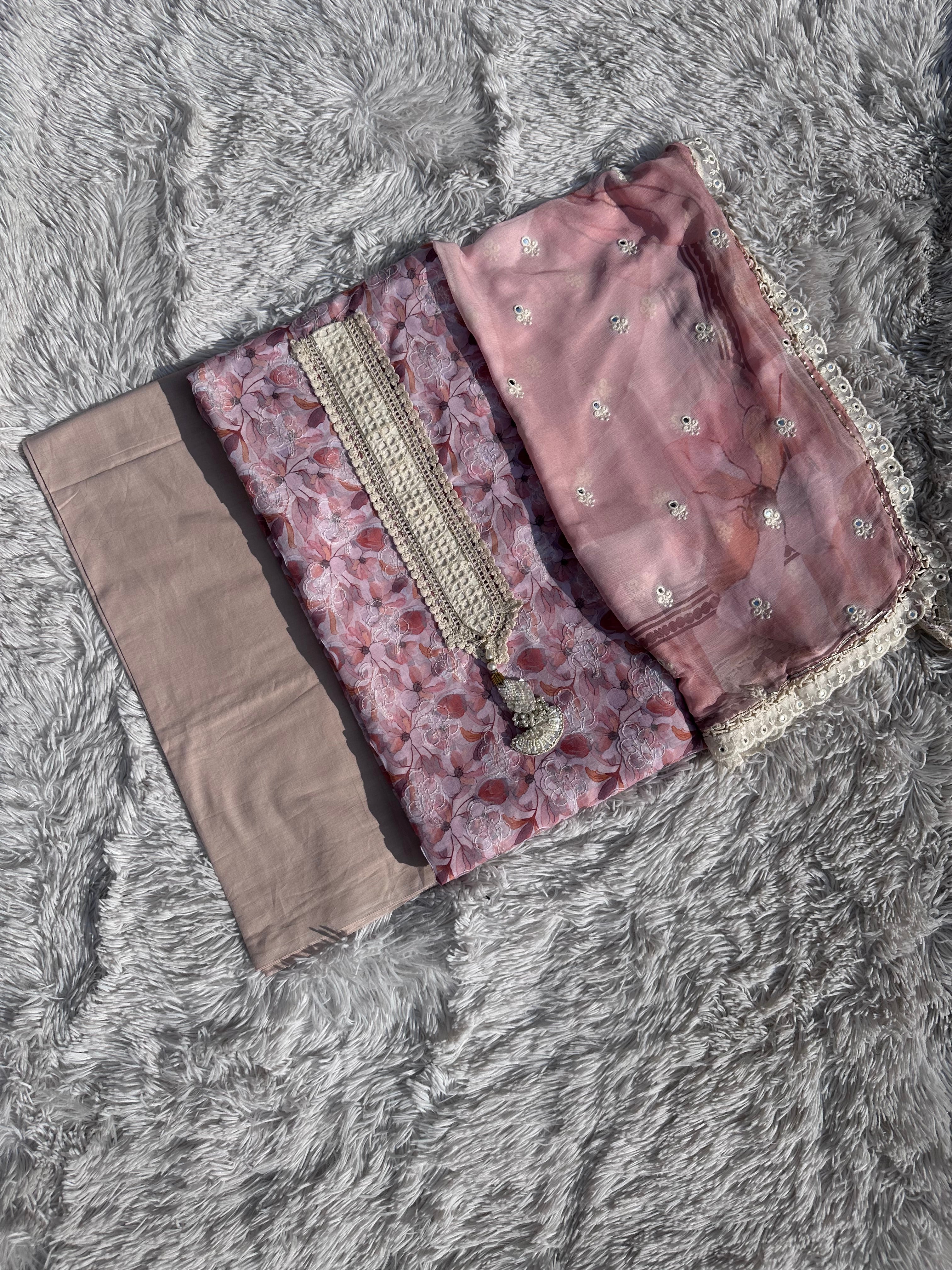 BABY PINK PAKISTANI UNSTITCHED SUIT IN COTTON FABRIC