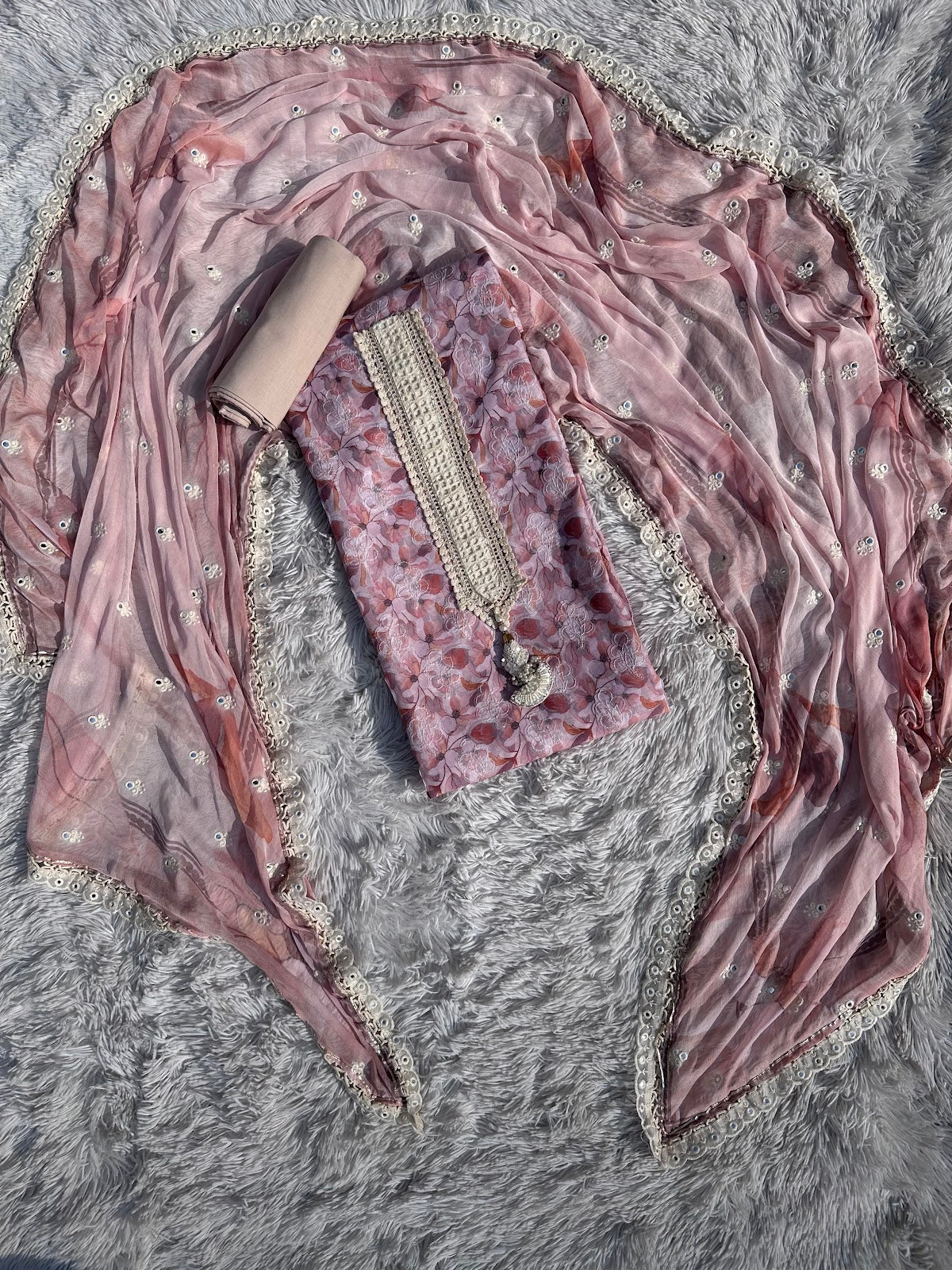 BABY PINK PAKISTANI UNSTITCHED SUIT IN COTTON FABRIC